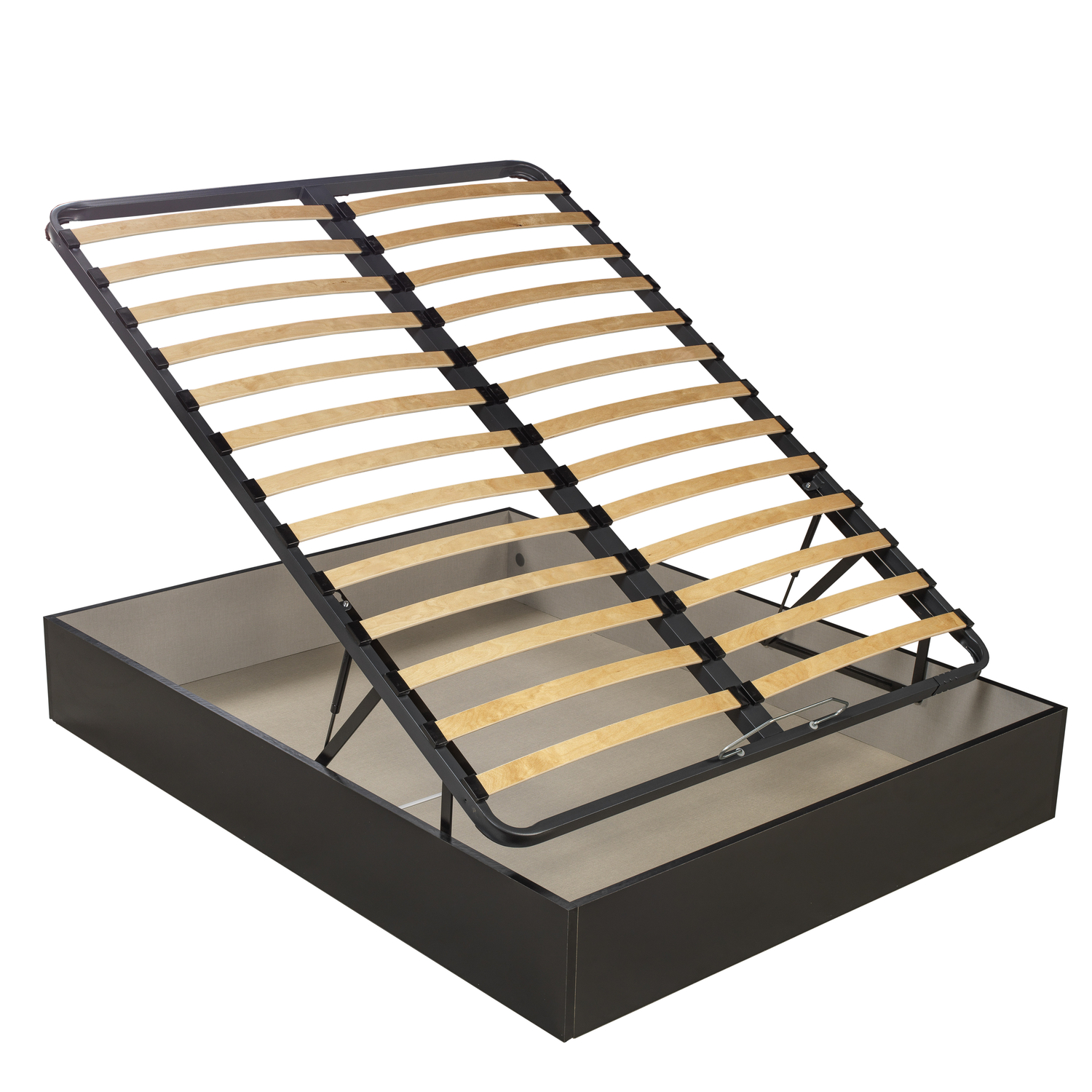 Una base de cama oscura con somier de láminas de madera y metal abierto.