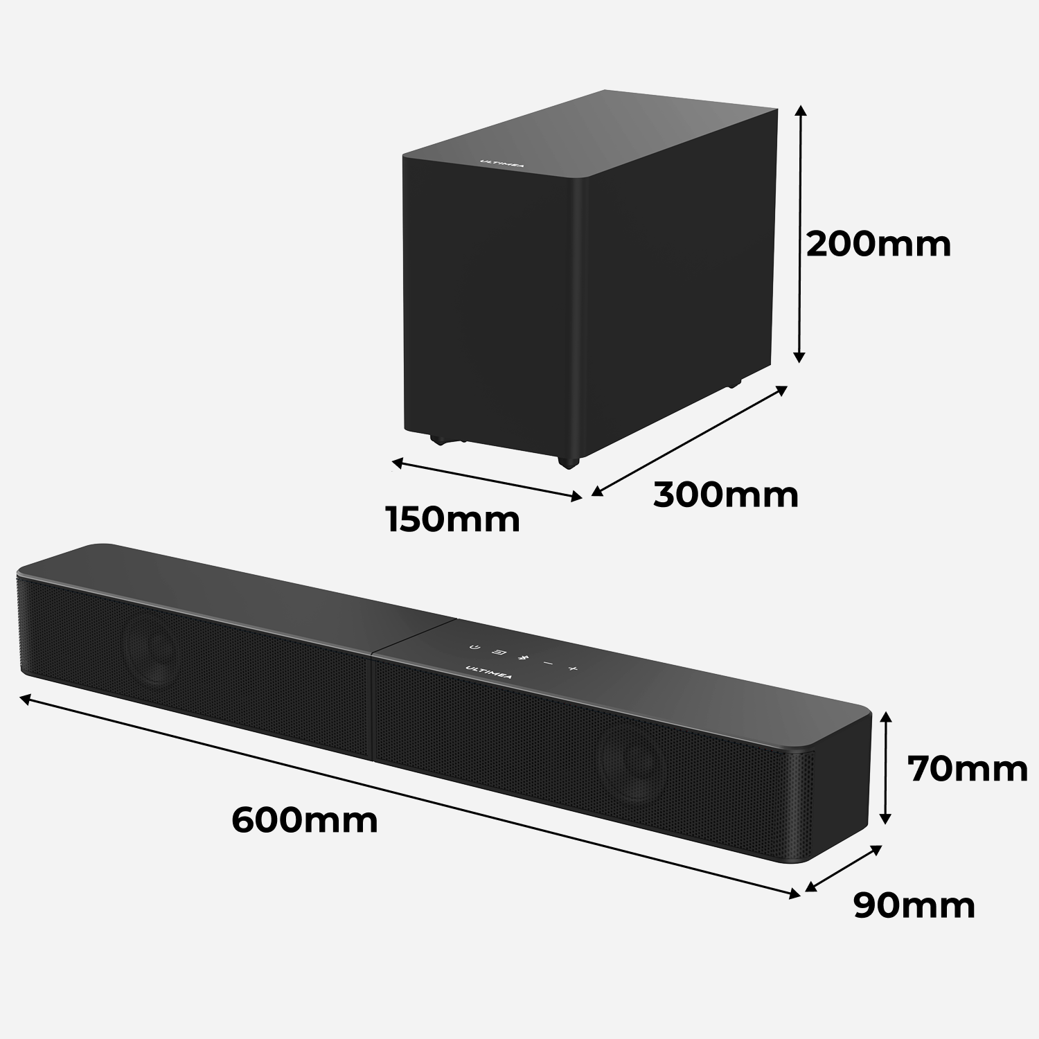 Czarny subwoofer (300x150x200mm) i soundbar (600x90x70mm).