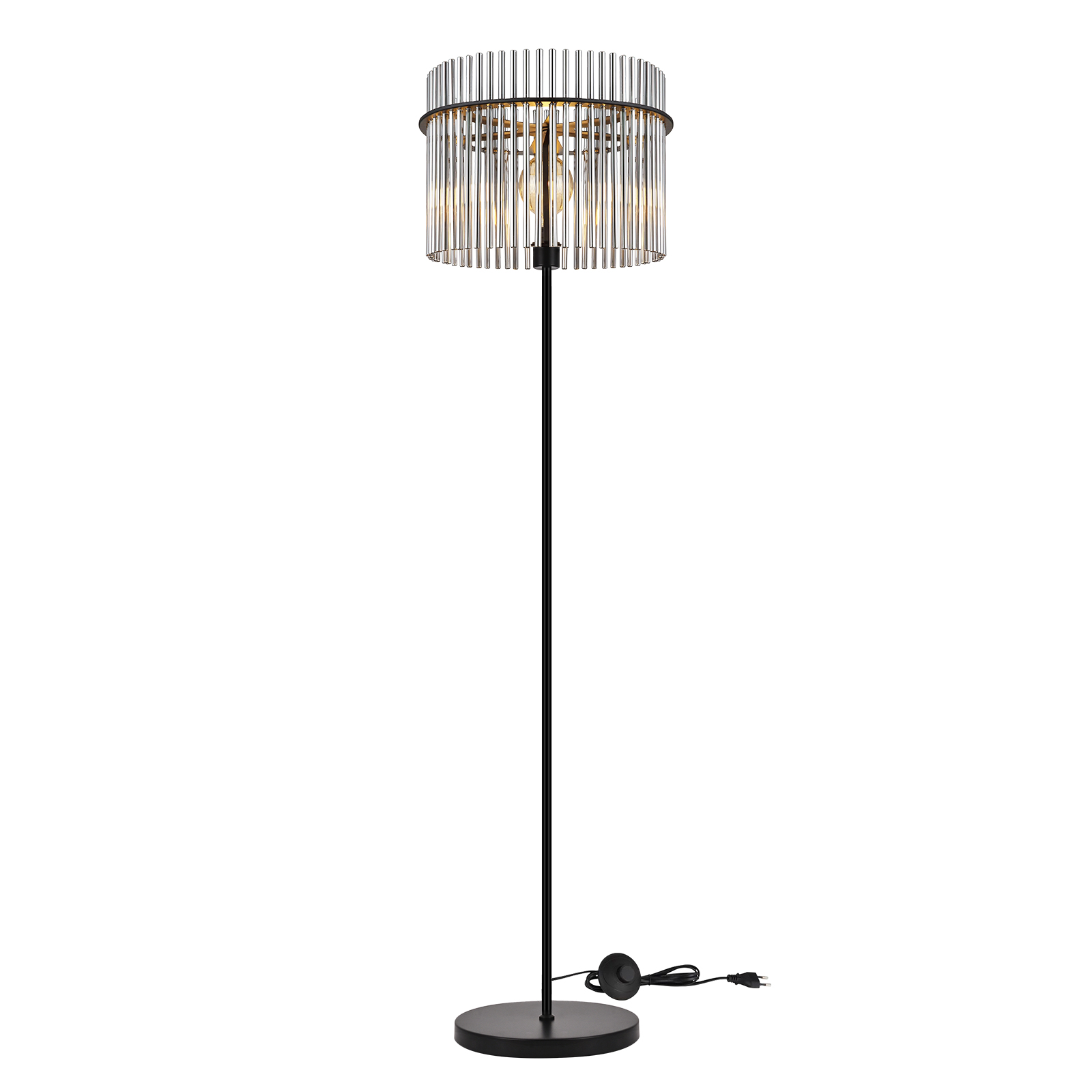 Un moderno lampada da terra alto con base, stelo neri e paralume cilindrico in bacchette di vetro.