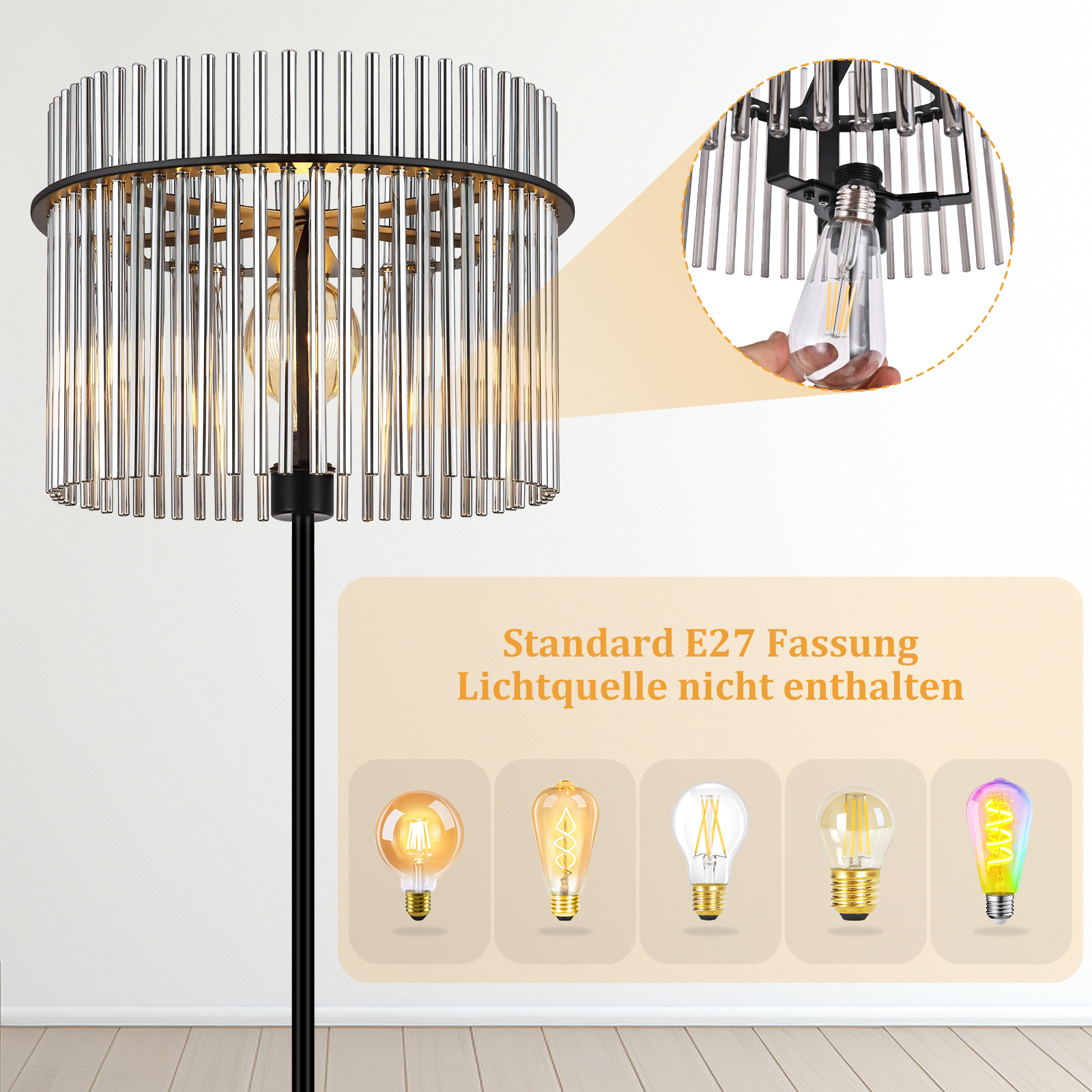Lampada da terra con paralume cilindrico di aste di vetro. Dettaglio di un portalampada E27.