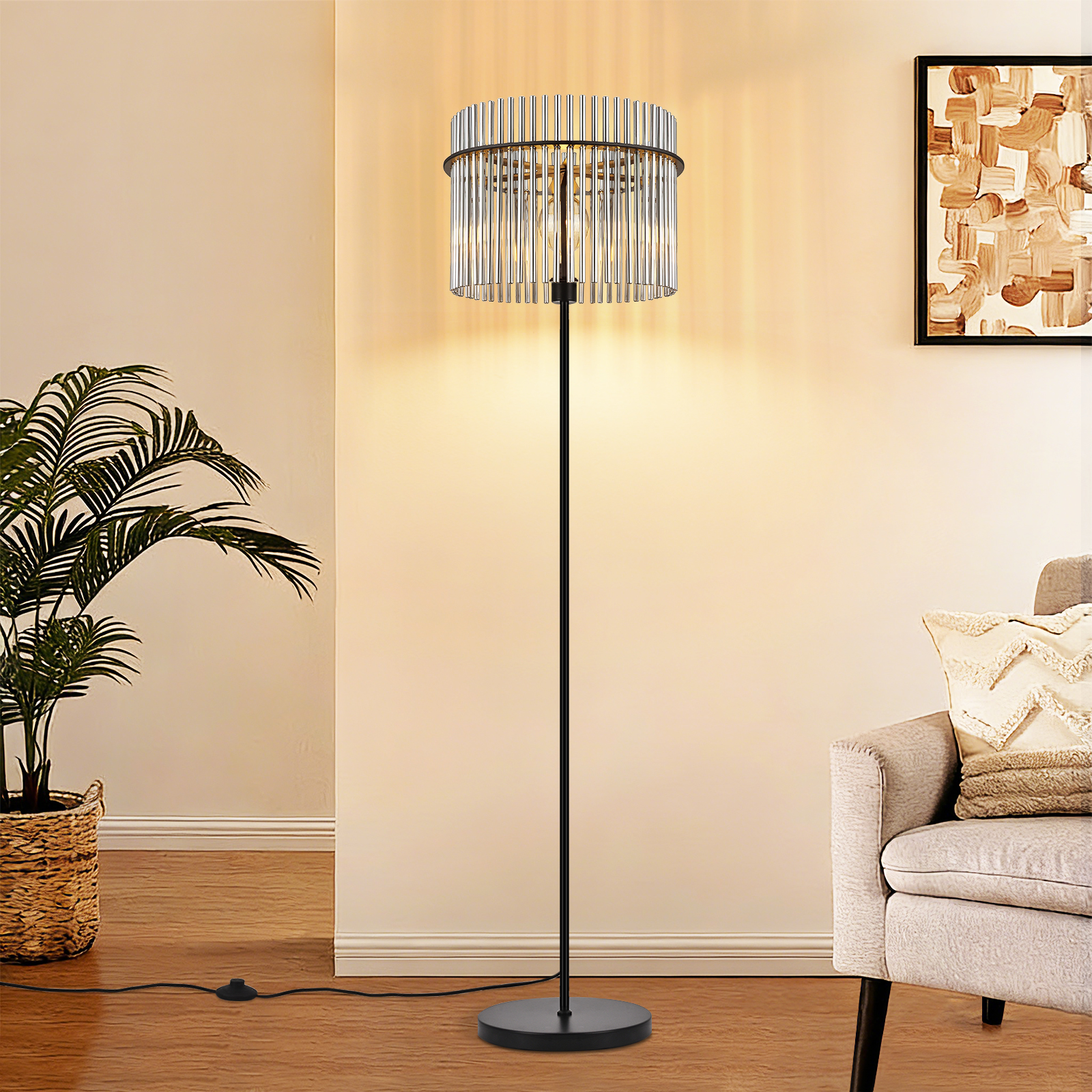 Lampada da terra moderna con paralume cilindrico in aste di vetro.