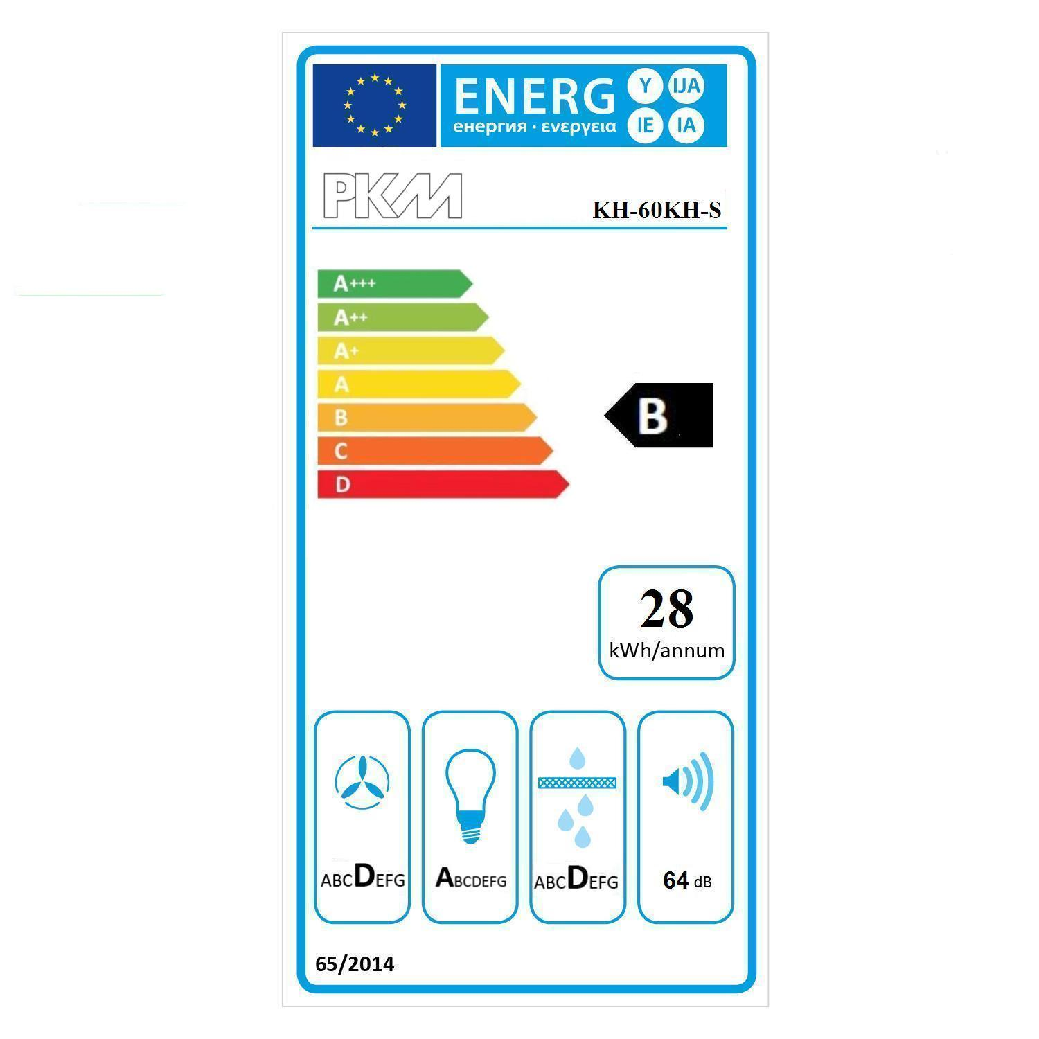 Energielabel mit Energieeffizienzklasse B, 28 kWh/Jahr, Geräuschpegel 64 dB.