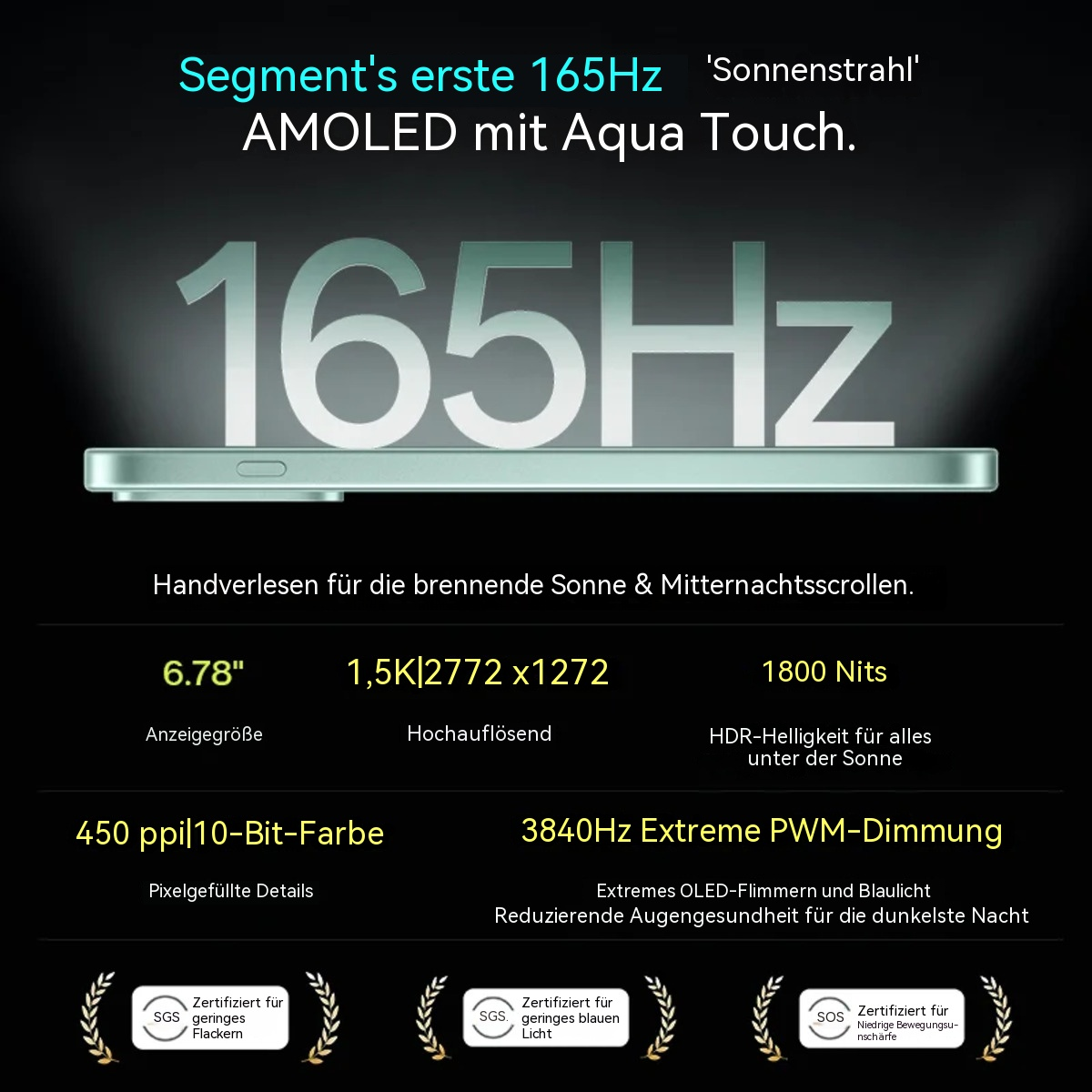 Telefon z ekranem AMOLED 165Hz, 6,78 cala, rozdzielczość 1,5K, 1800 nitów, 450 ppi, 10-bit kolor.