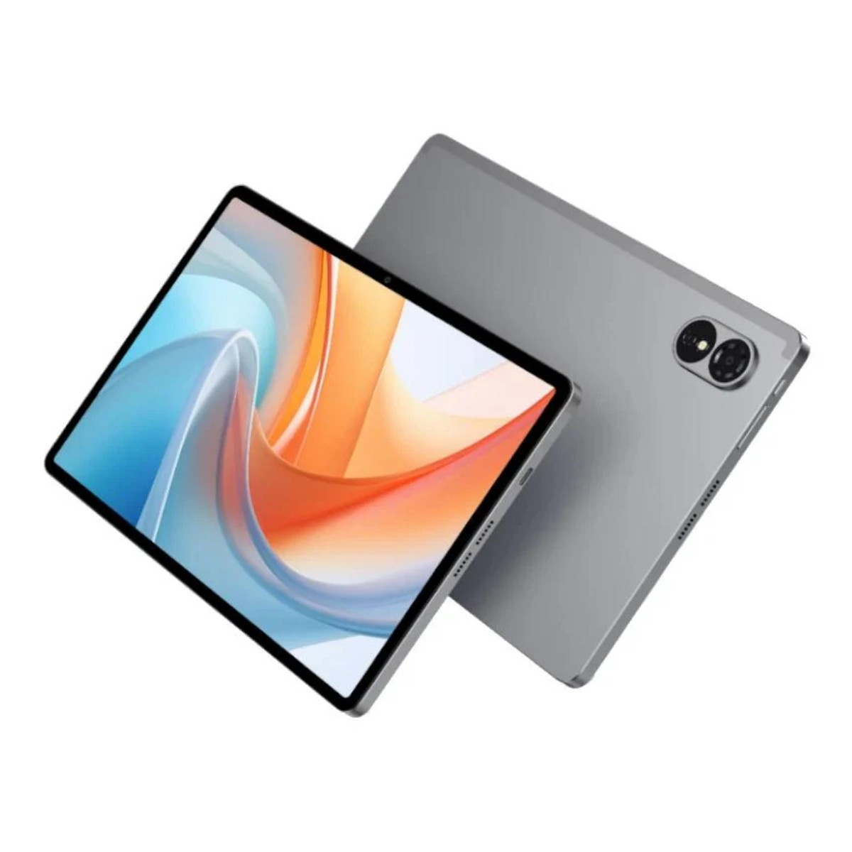 Un tablet argento con uno sfondo astratto e colorato sullo schermo.