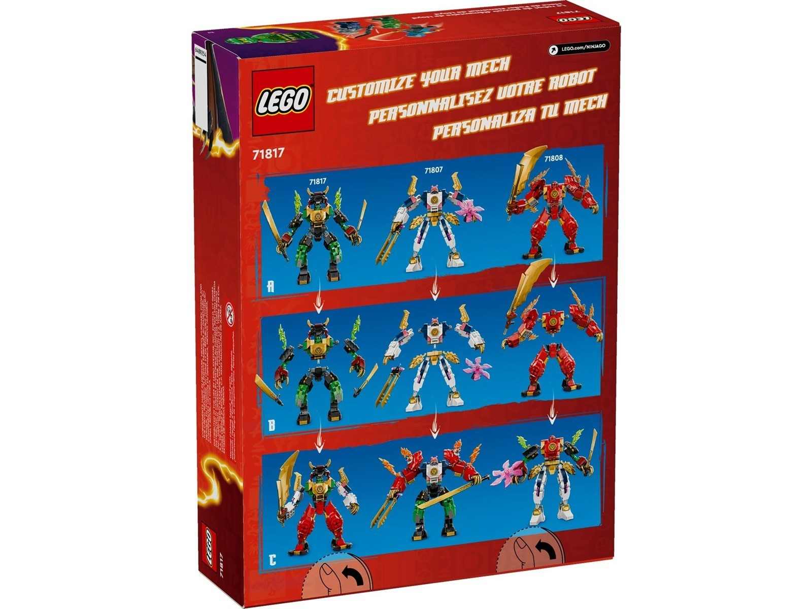 LEGO-Verpackung zeigt drei Roboter in verschiedenen Konfigurationen und Zubehörteilen.