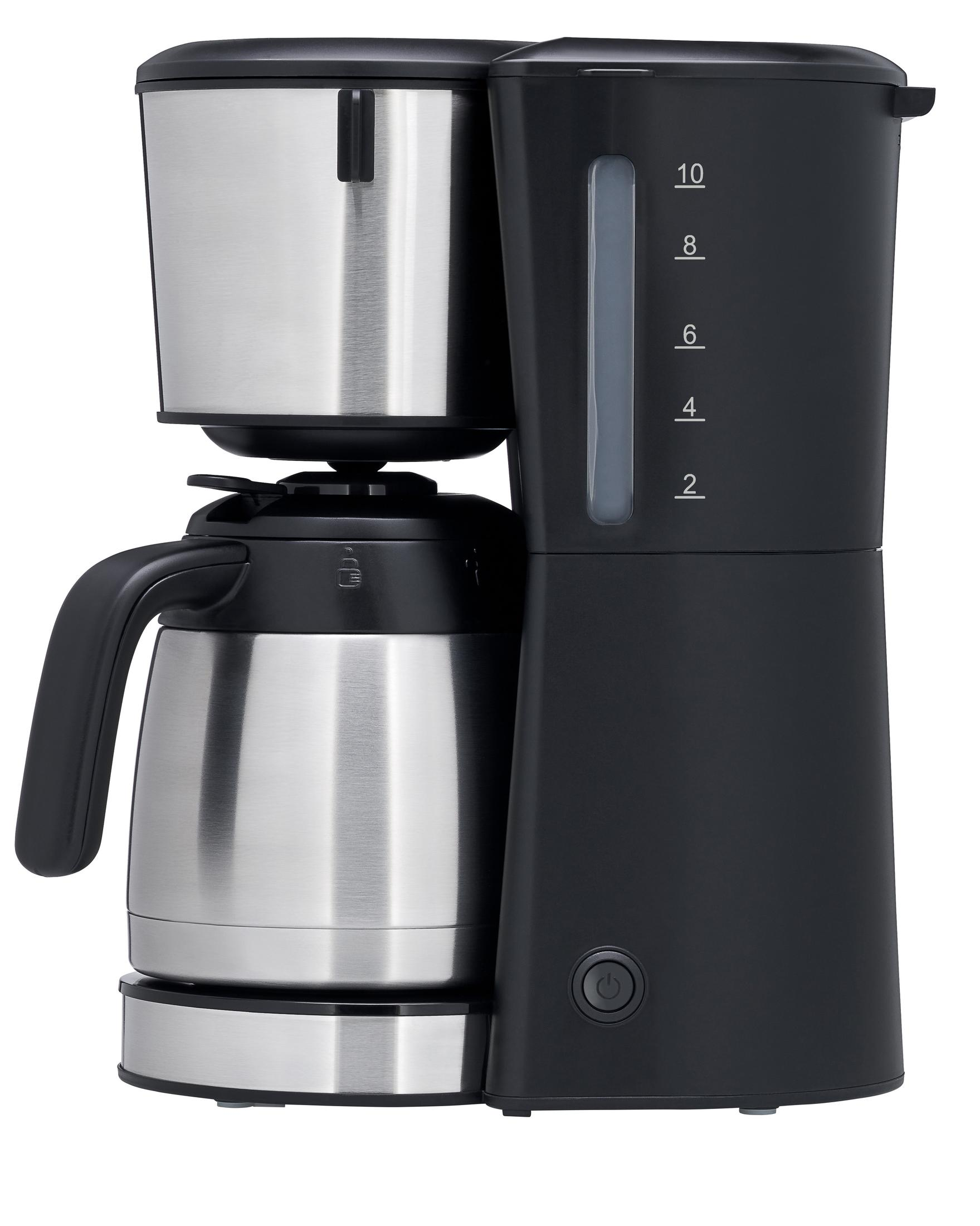 Eine schwarze und silberne Kaffeemaschine mit Thermoskanne und Wasserstandsanzeige.
