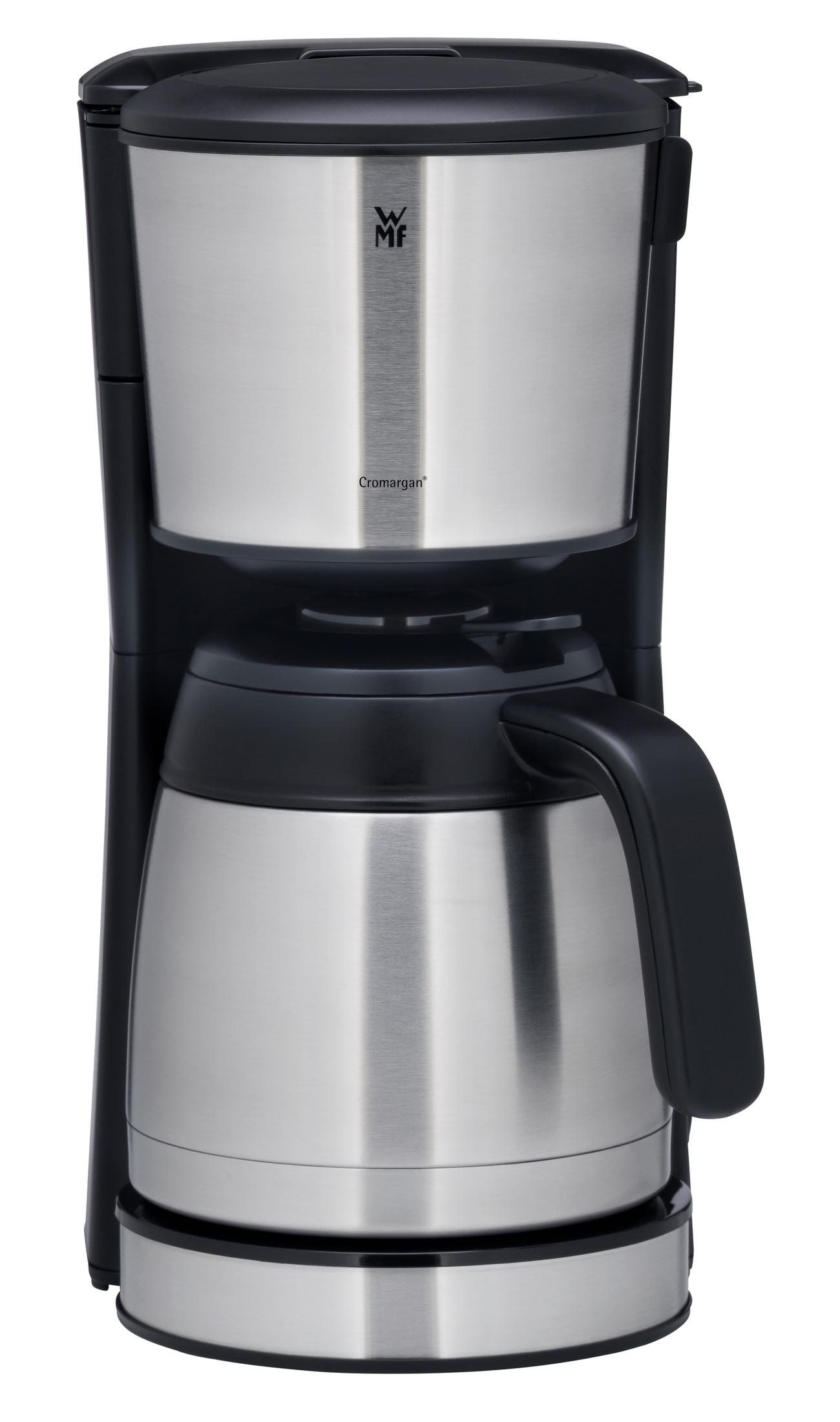 Eine silberne und schwarze Kaffeemaschine mit Thermoskanne.