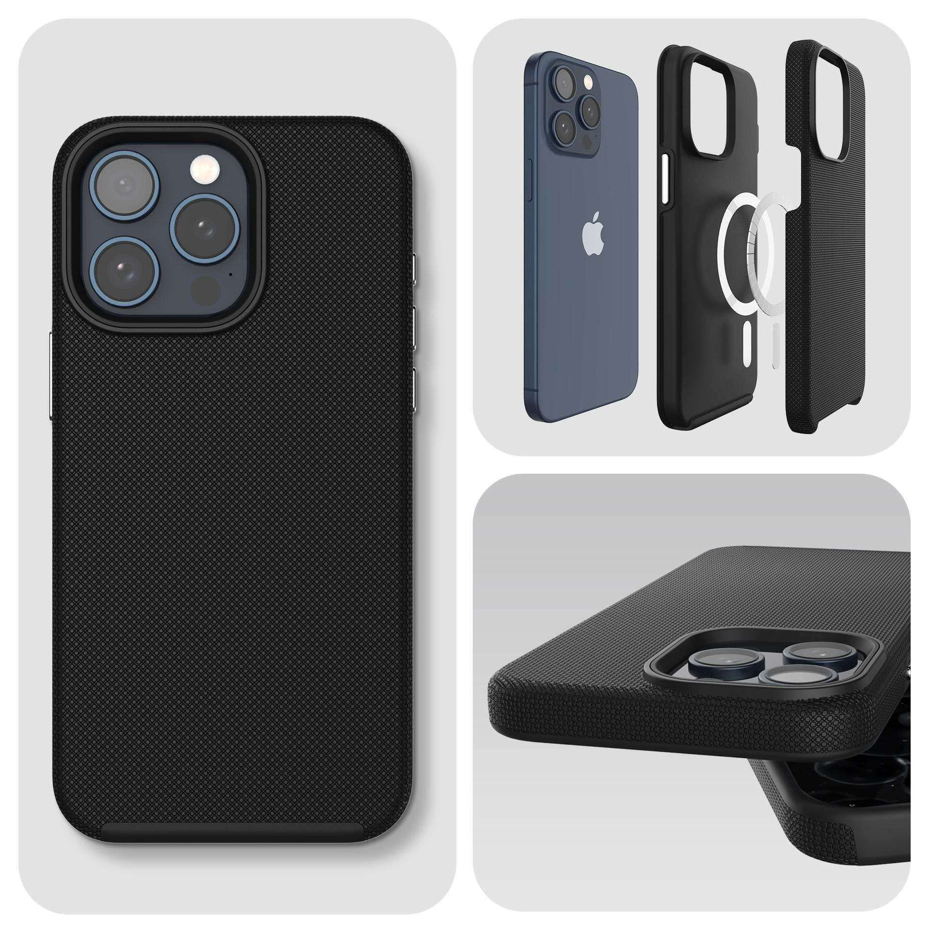 Czarna etui na telefon z fakturą i wzorem rombów, pokazano iPhone 12 Pro Max.