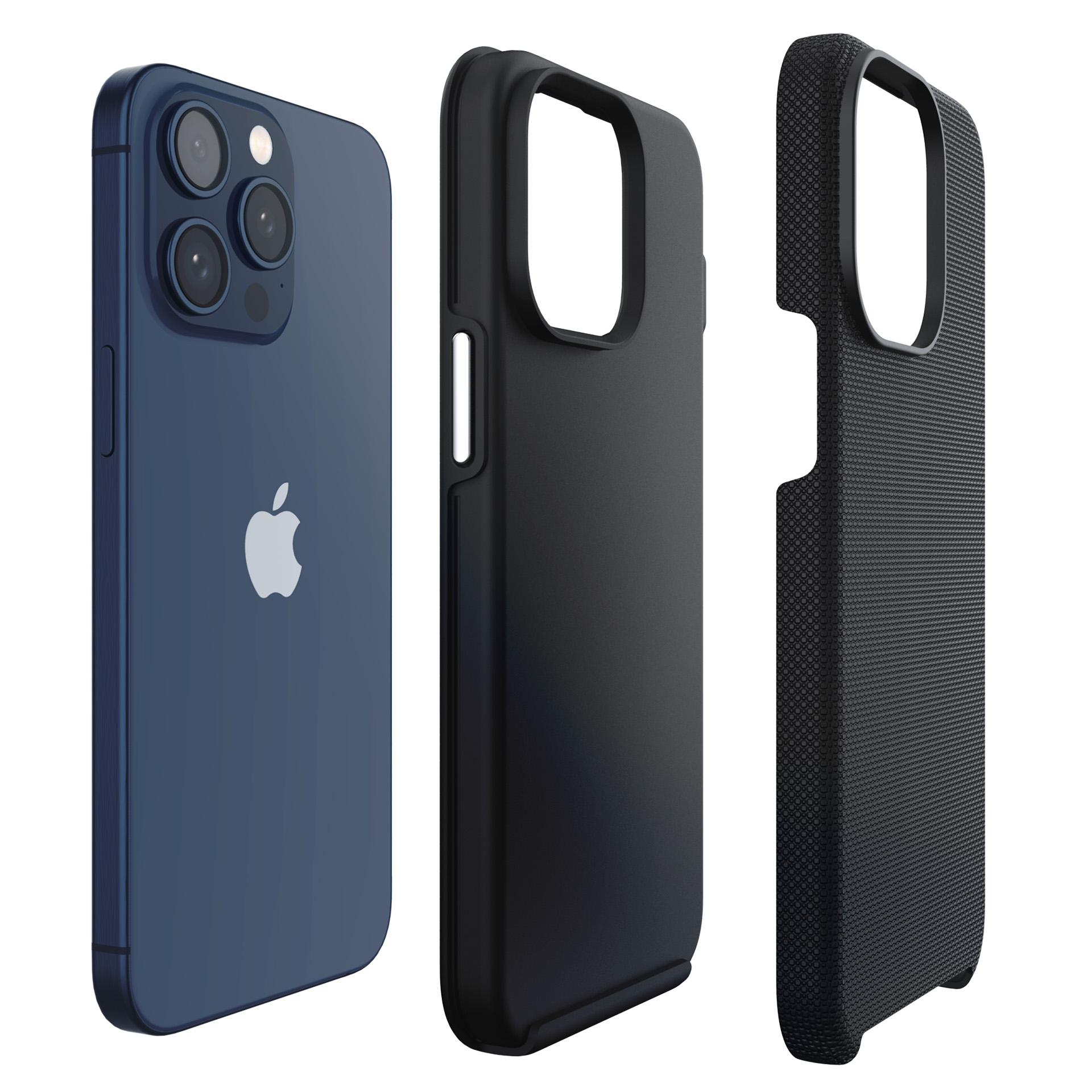 Niebieski iPhone z trzema aparatami, obok dwie czarne etui na telefon.