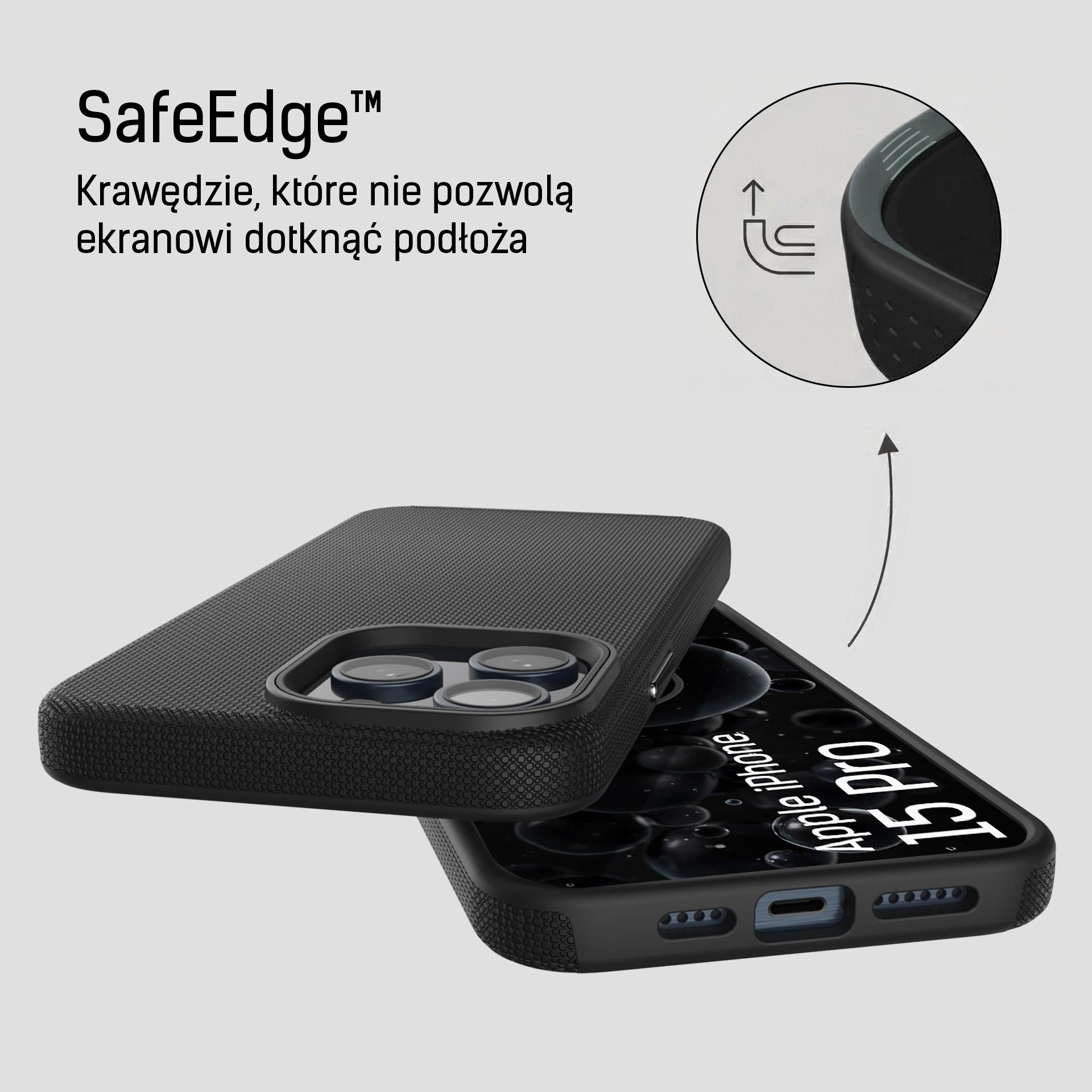 Czarna obudowa iPhone 15 Pro z technologią SafeEdge chroniącą ekran.