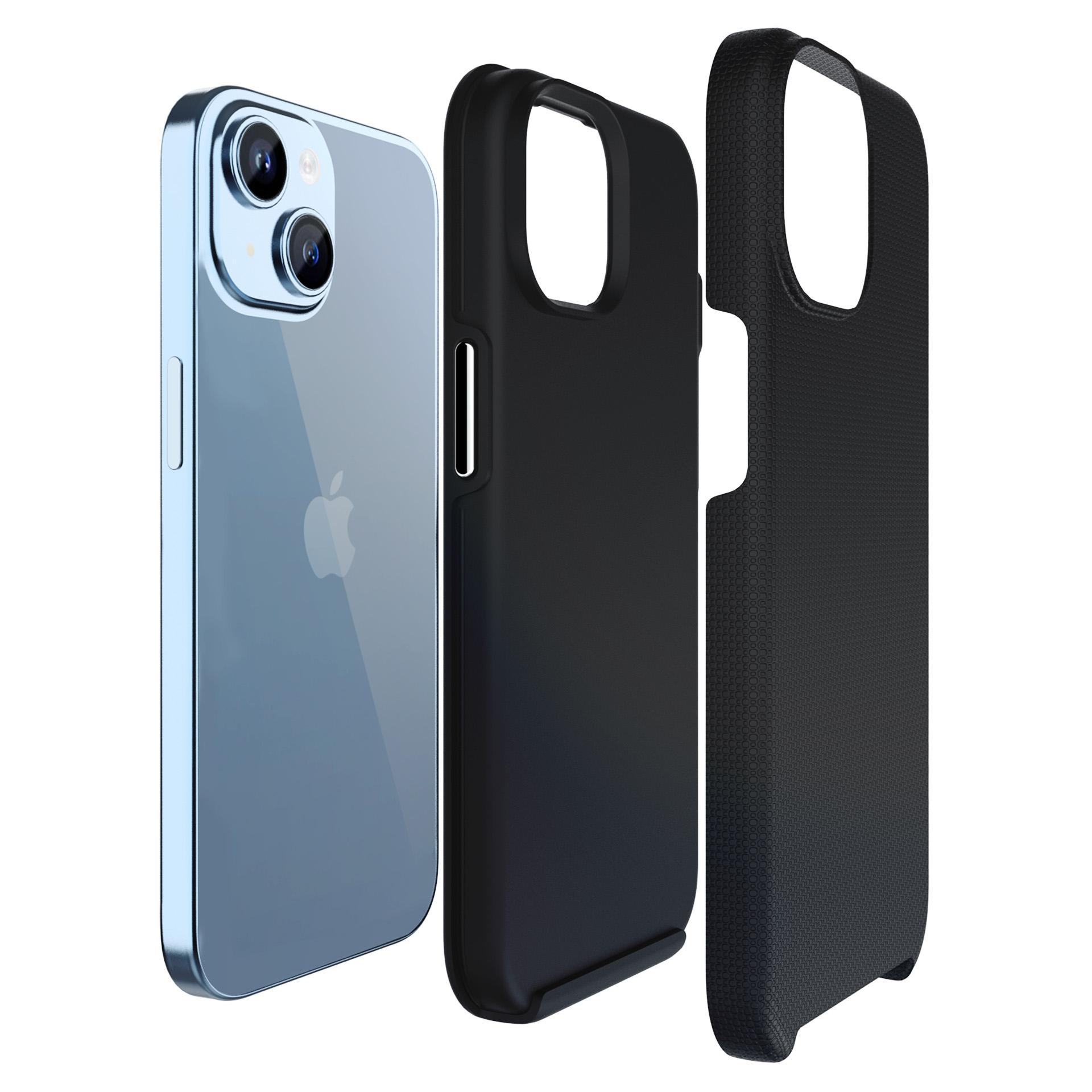 Niebieski iPhone i dwa czarne etui na telefon są prezentowane obok siebie na białym tle.