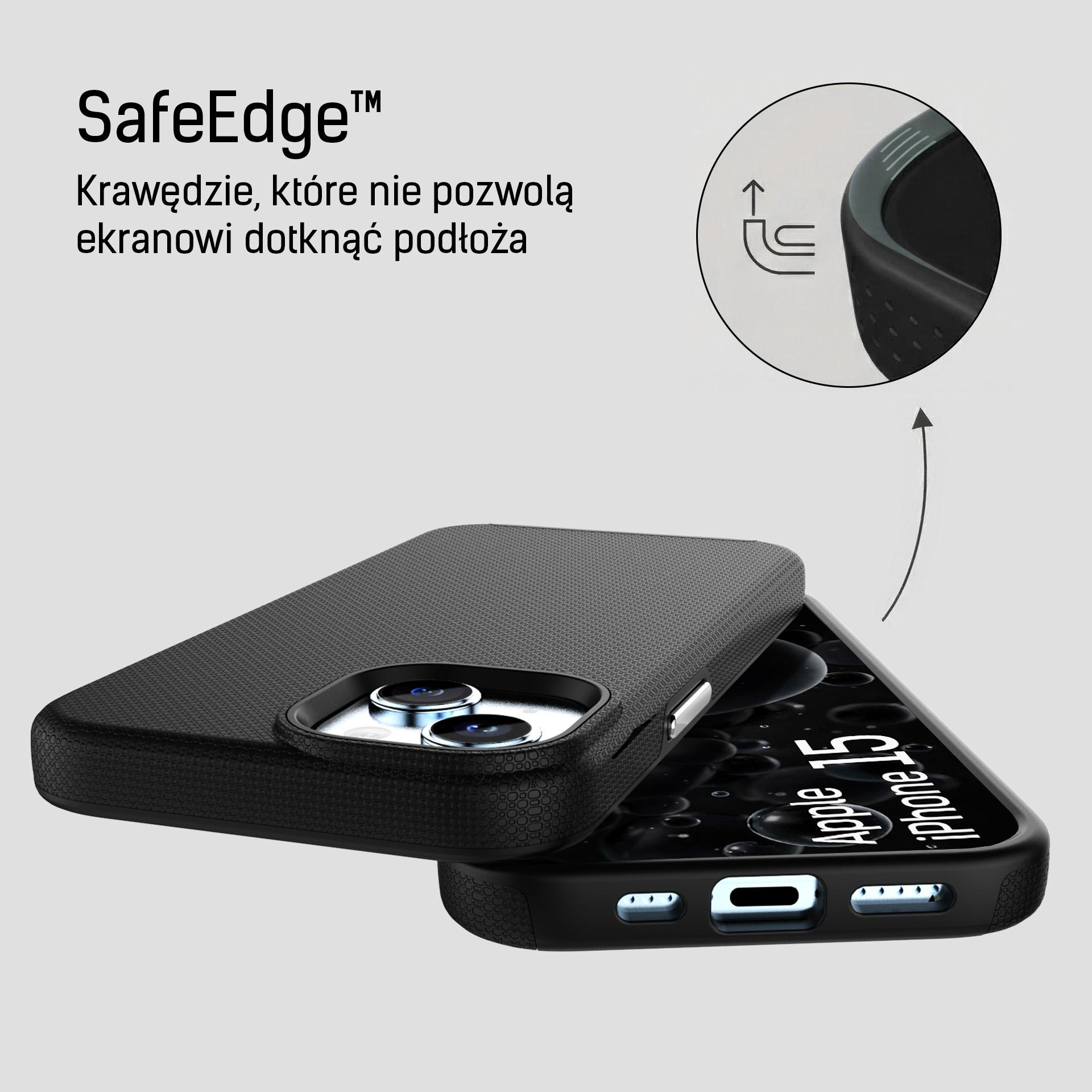 Czarne etui na telefon z logo "SafeEdge" i ikoną strzałki.