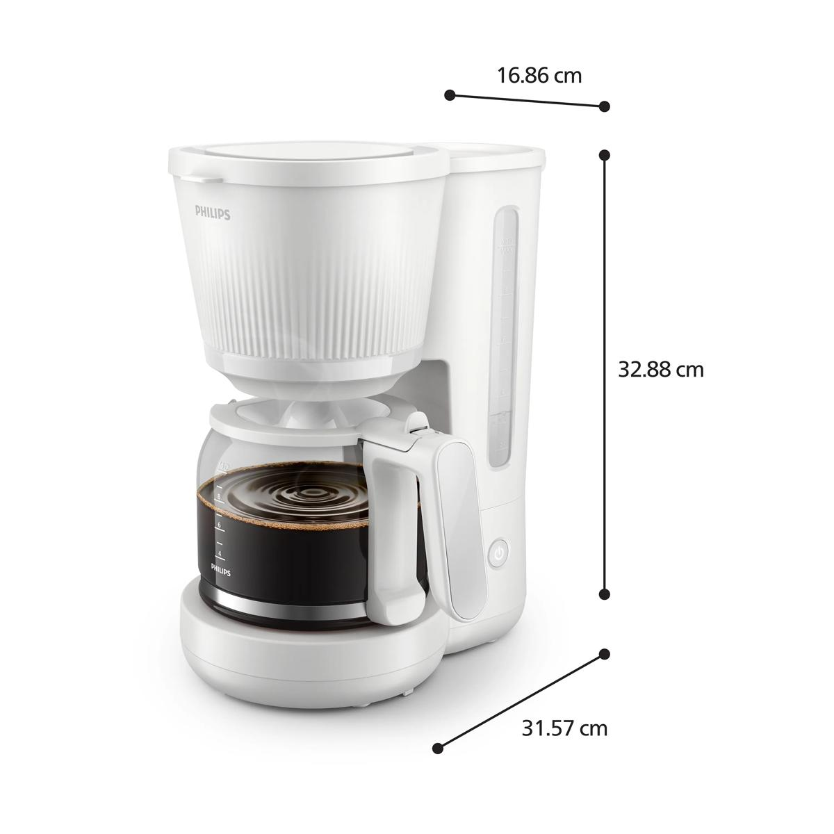 Biały ekspres do kawy Philips ze szklanym dzbankiem, wypełniony kawą. Podane wymiary.