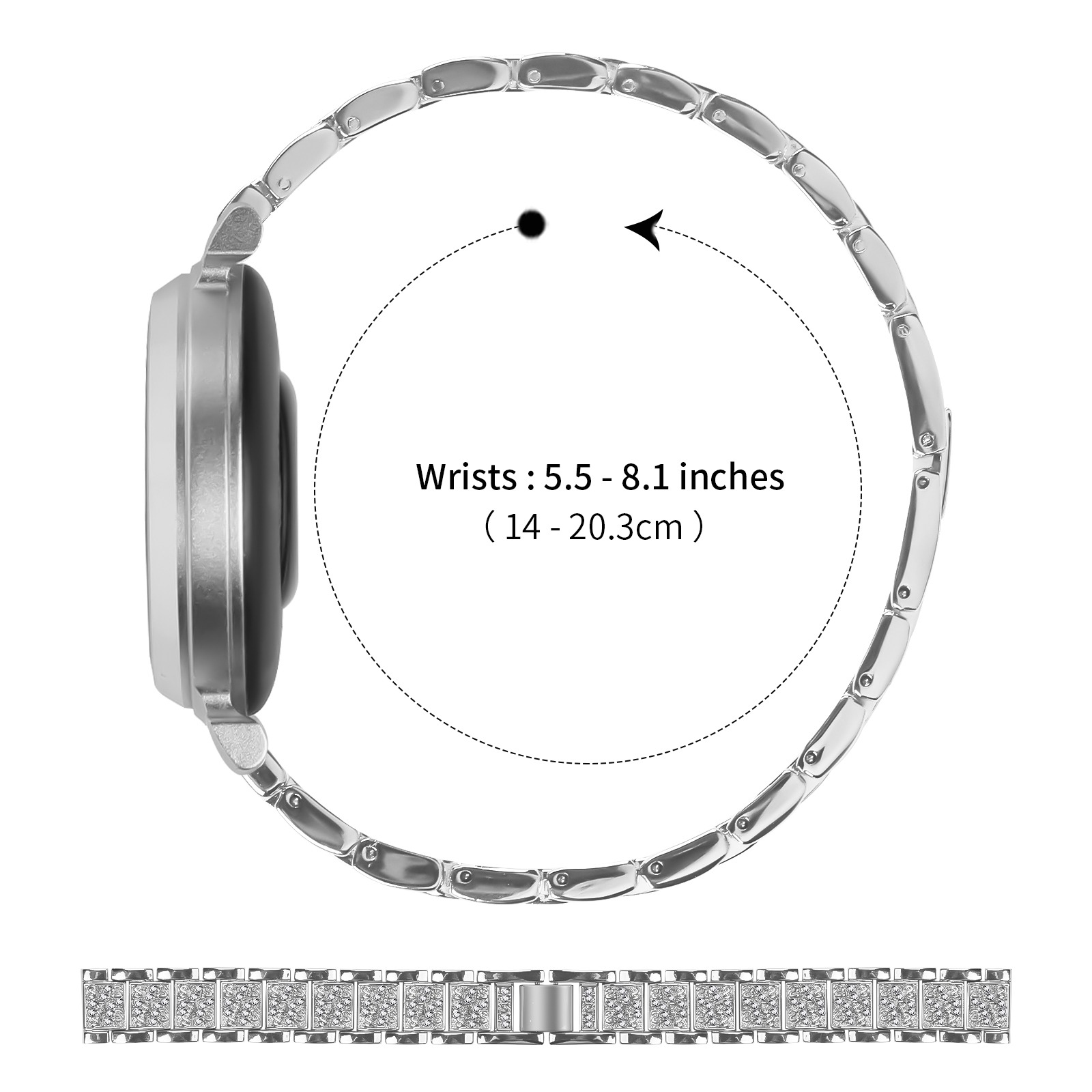 Silbernes Armband mit Schmucksteinen und einer Uhr. Passend für Handgelenke von 14-20,3cm.