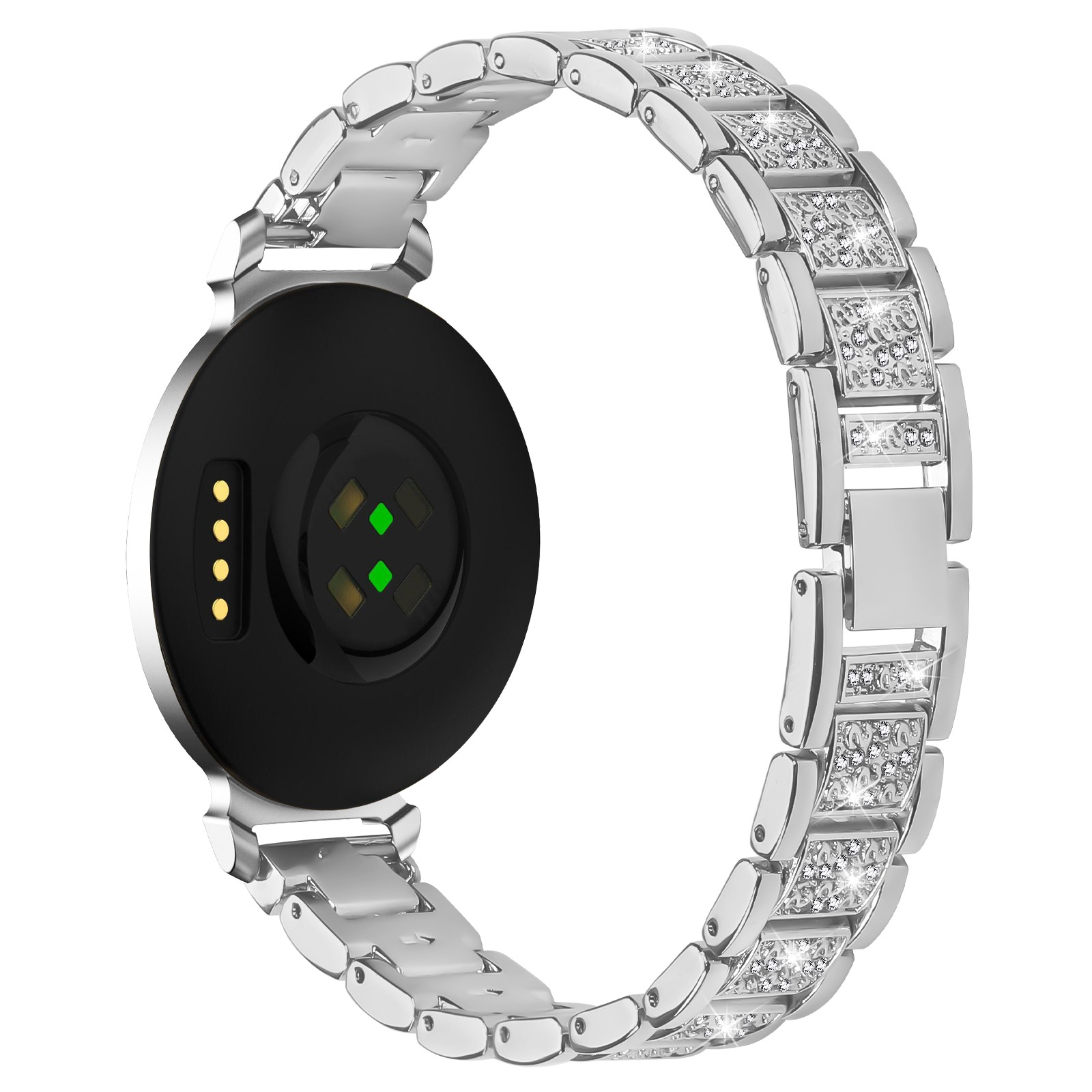 Rückseite einer Smartwatch mit Herzfrequenzsensor und Ladekontakten.