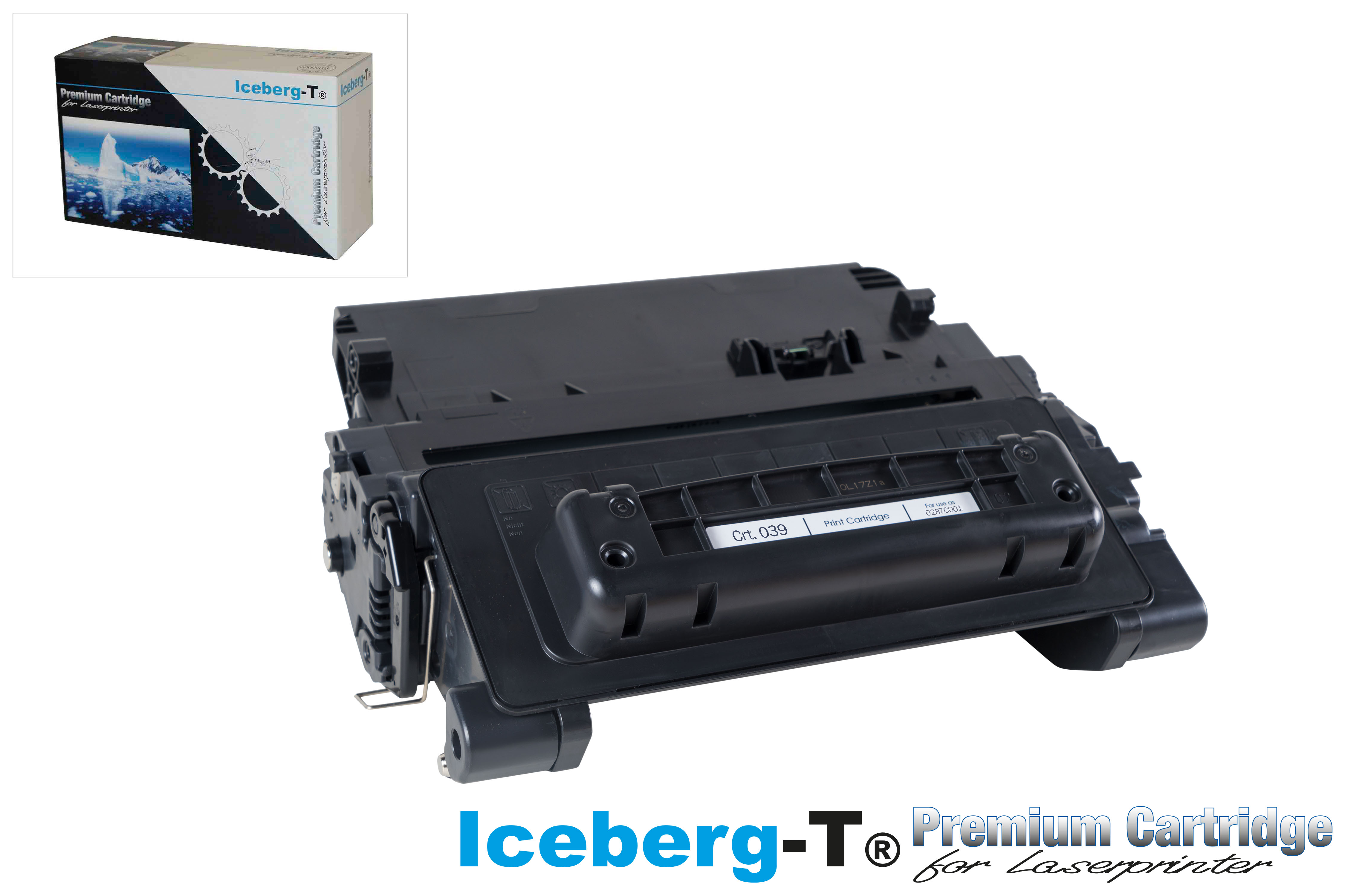 Ein schwarzer Tonerkartusche für Laserdrucker mit einer Verpackung daneben.