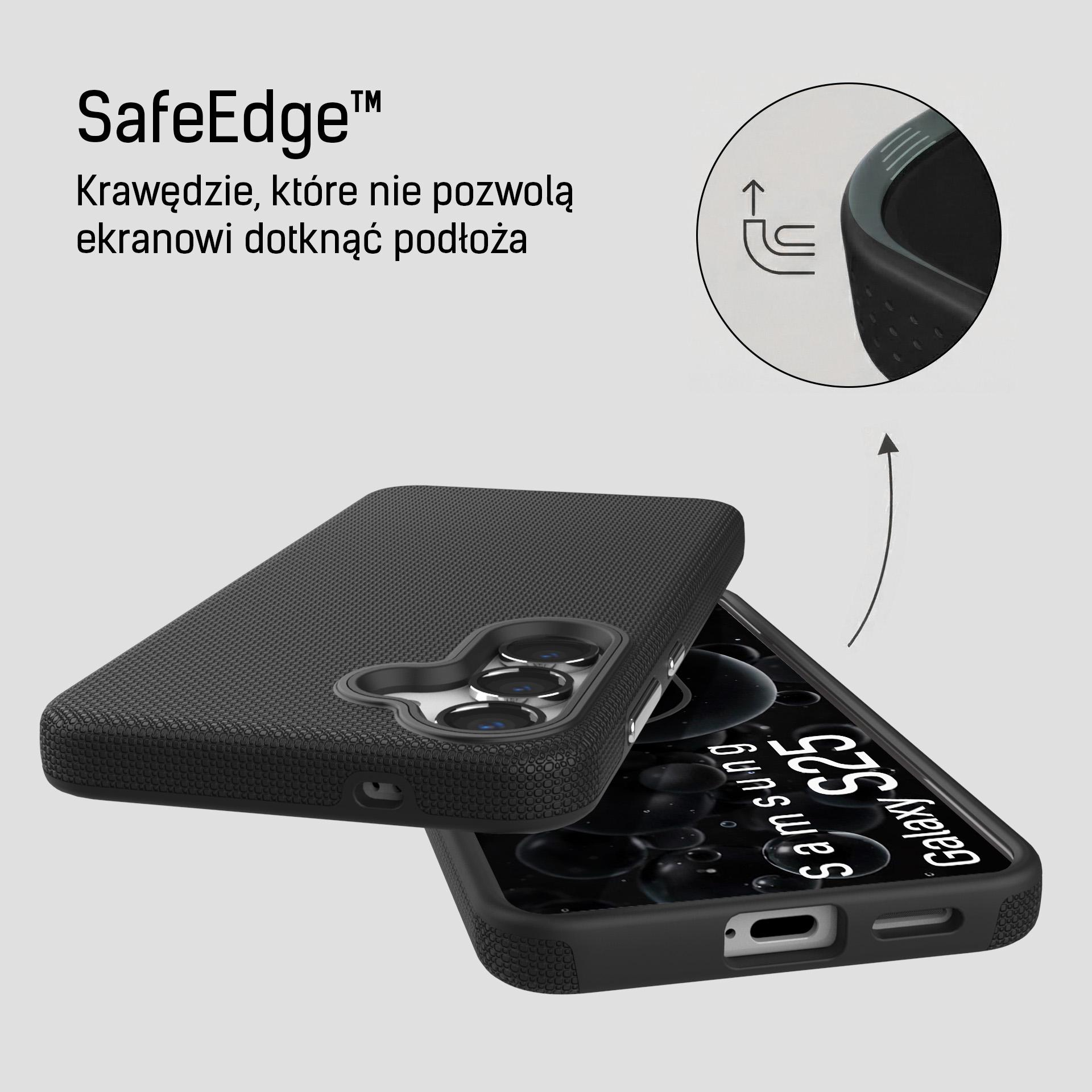 Czarne etui na telefon Samsung S25 z logo SafeEdge i ikoną strzałki.