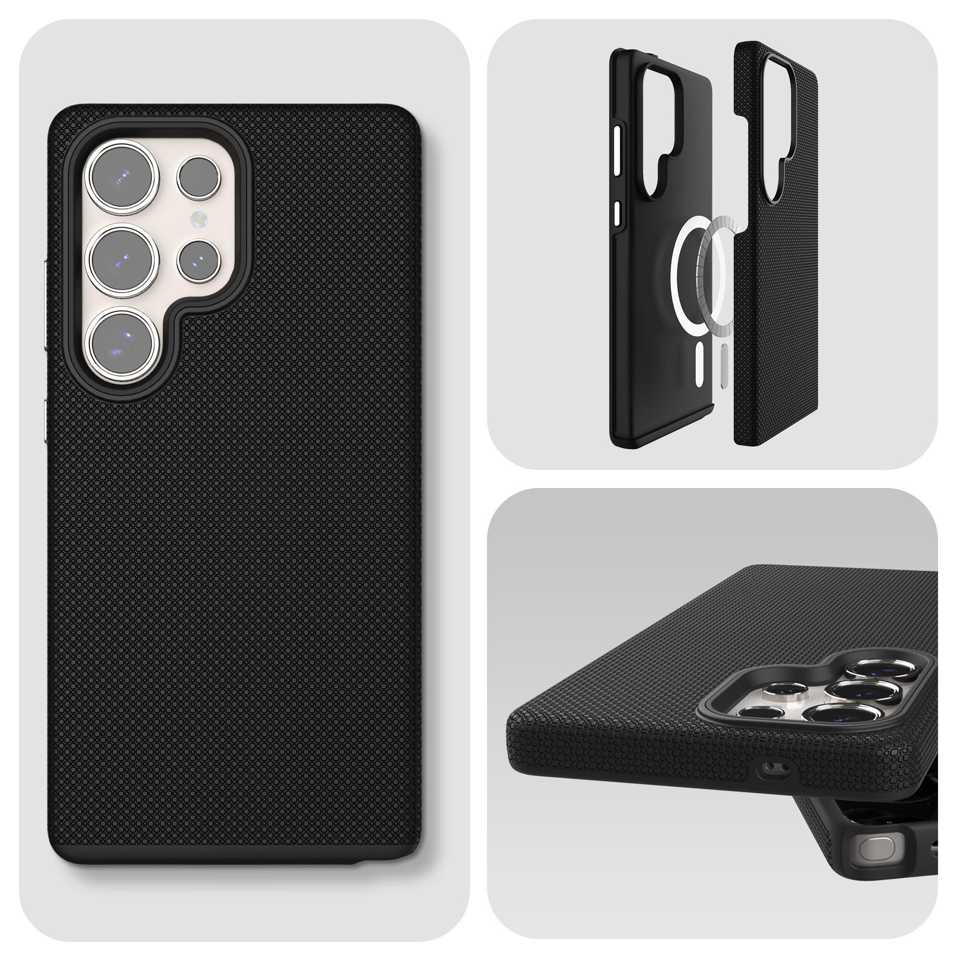 Czarne etui na telefon z teksturowanym wzorem i wycięciem na aparat.