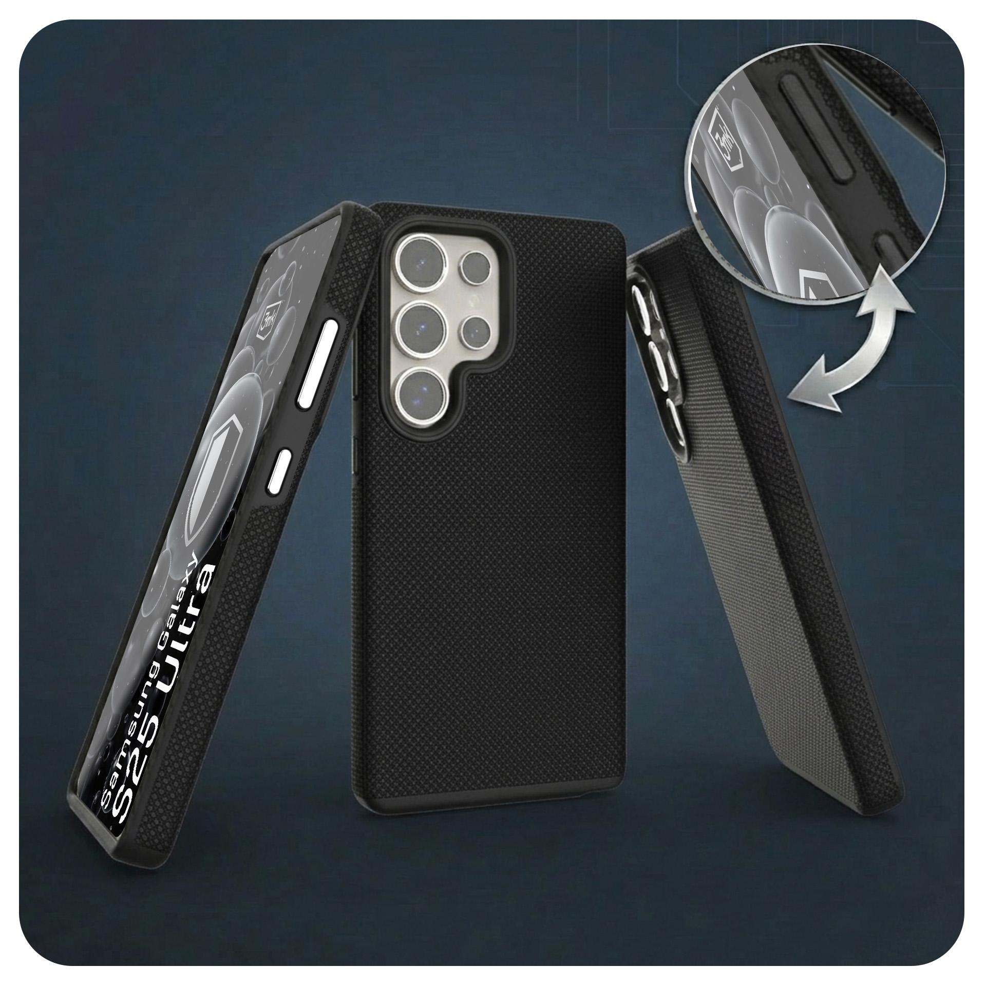 Trzy czarne etui na telefon Samsung S25 Ultra na ciemnoniebieskim tle.