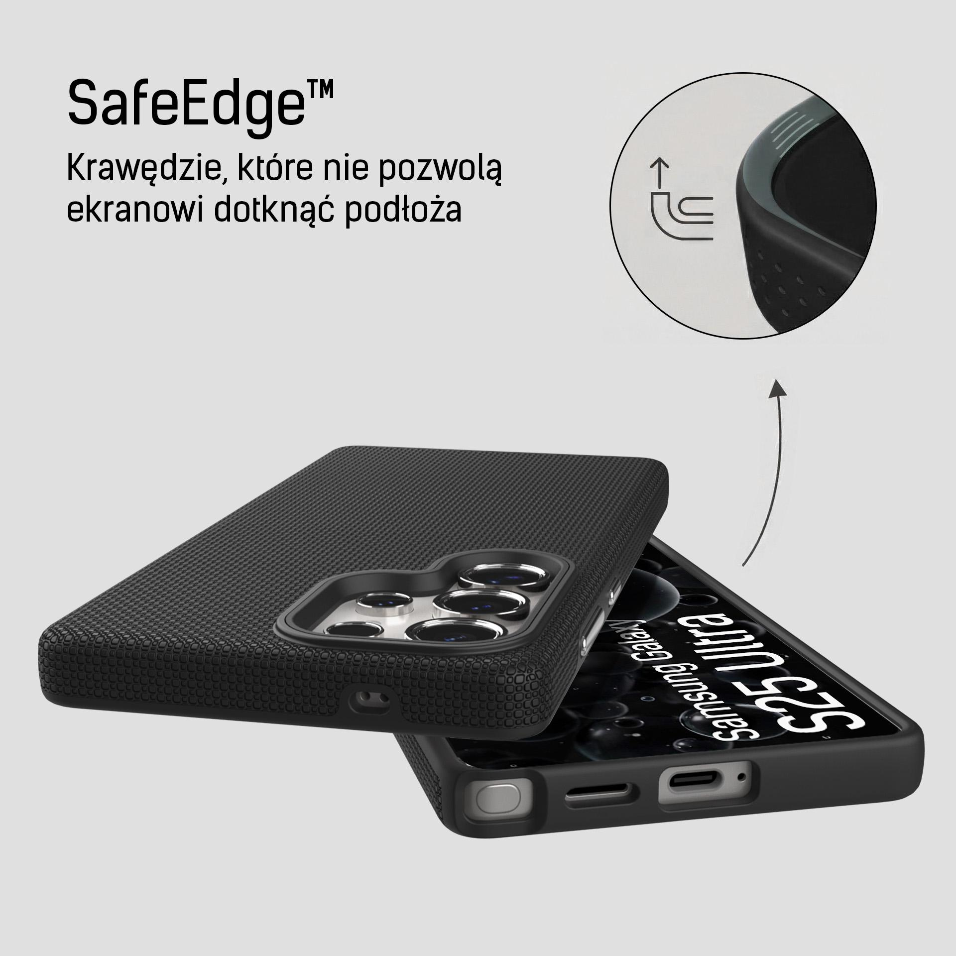 Czarna, teksturowana obudowa do Samsung S25 Ultra z podwyższonymi krawędziami.
