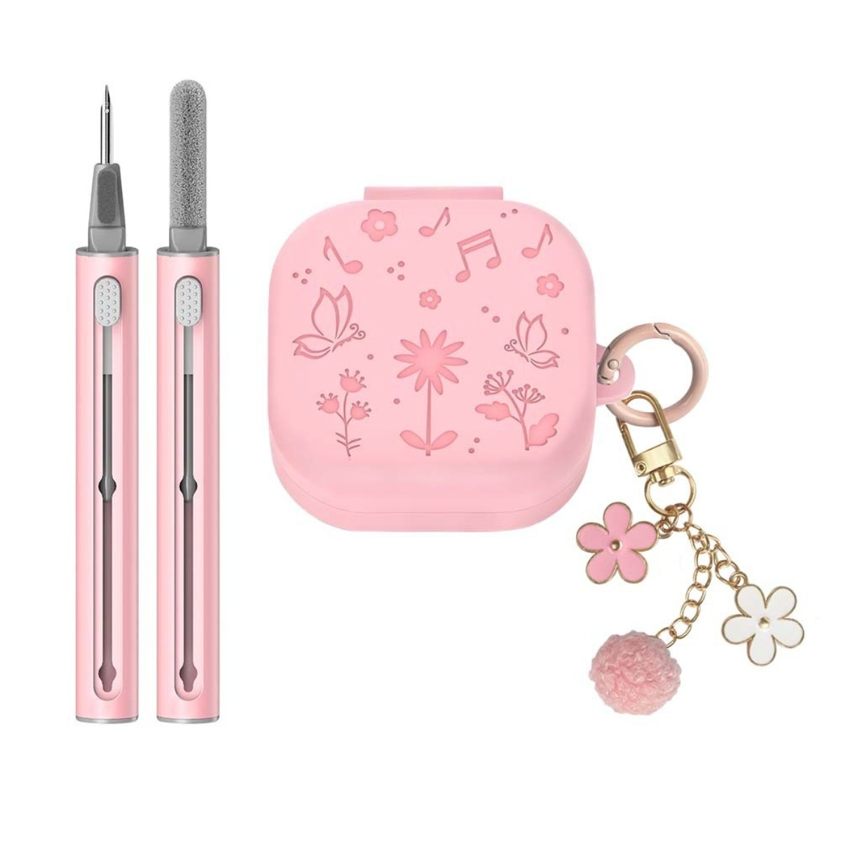 Kit pulizia auricolari: Custodia rosa con farfalle e note musicali, due penne per pulizia, portachiavi.