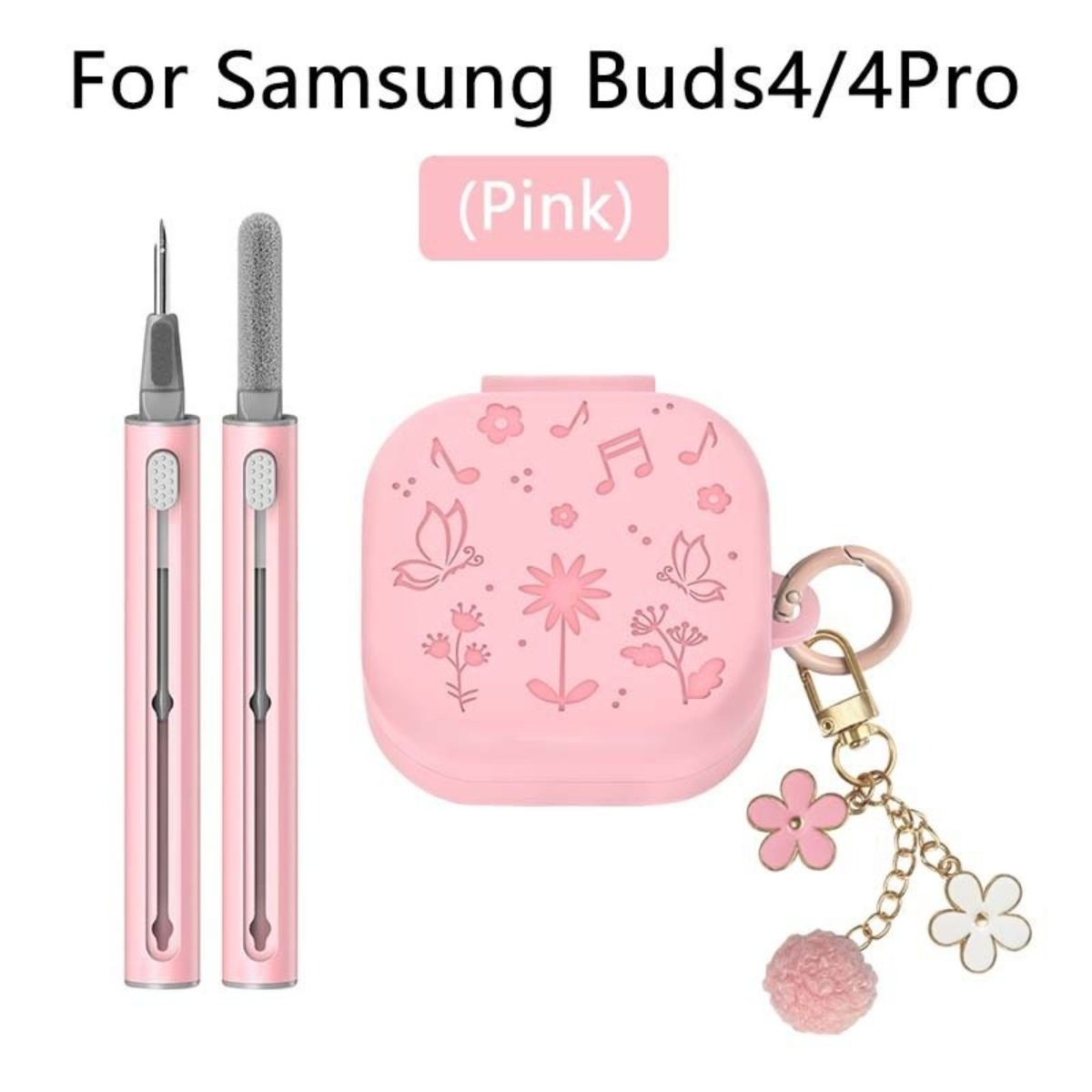 Kit pulizia rosa Samsung Buds con custodia, spazzola, penna e ciondolo fiore.