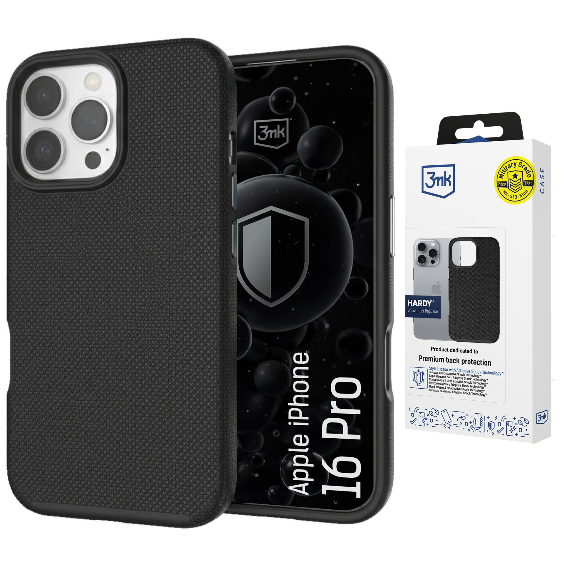 Czarne etui na iPhone 16 Pro z teksturowanym uchwytem, obok opakowania.