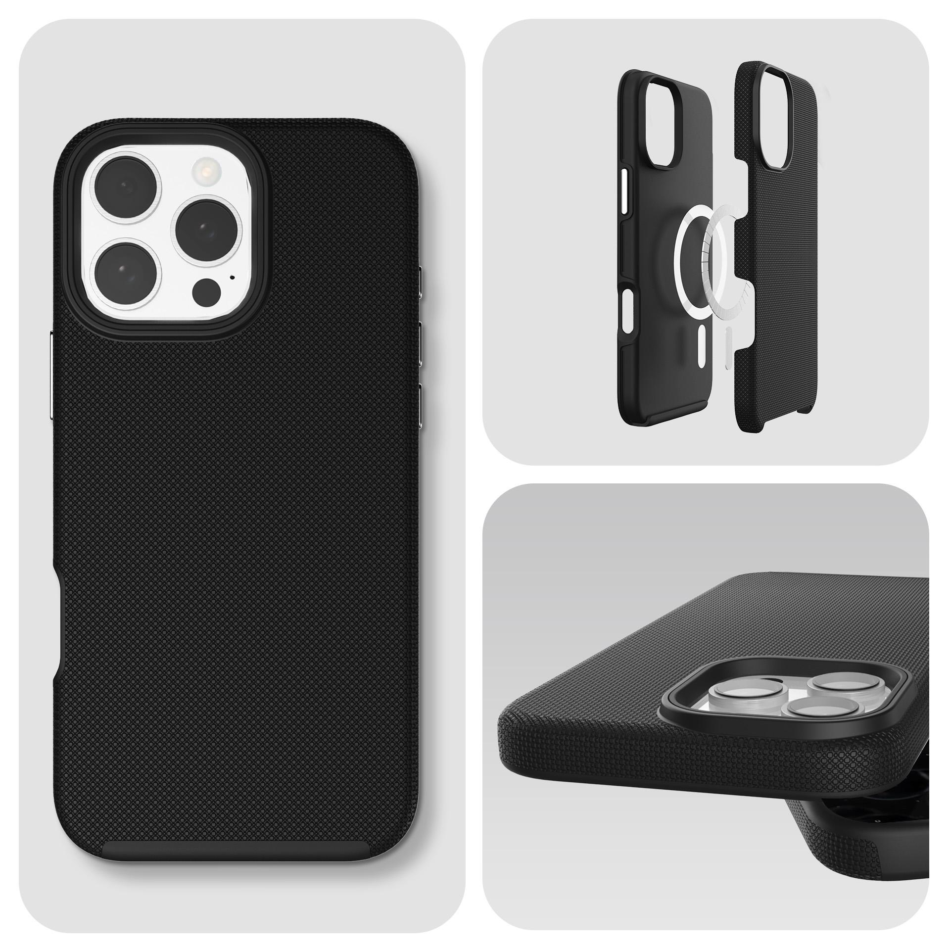 Czarne etui na telefon z ochroną aparatu i magnetycznym pierścieniem.