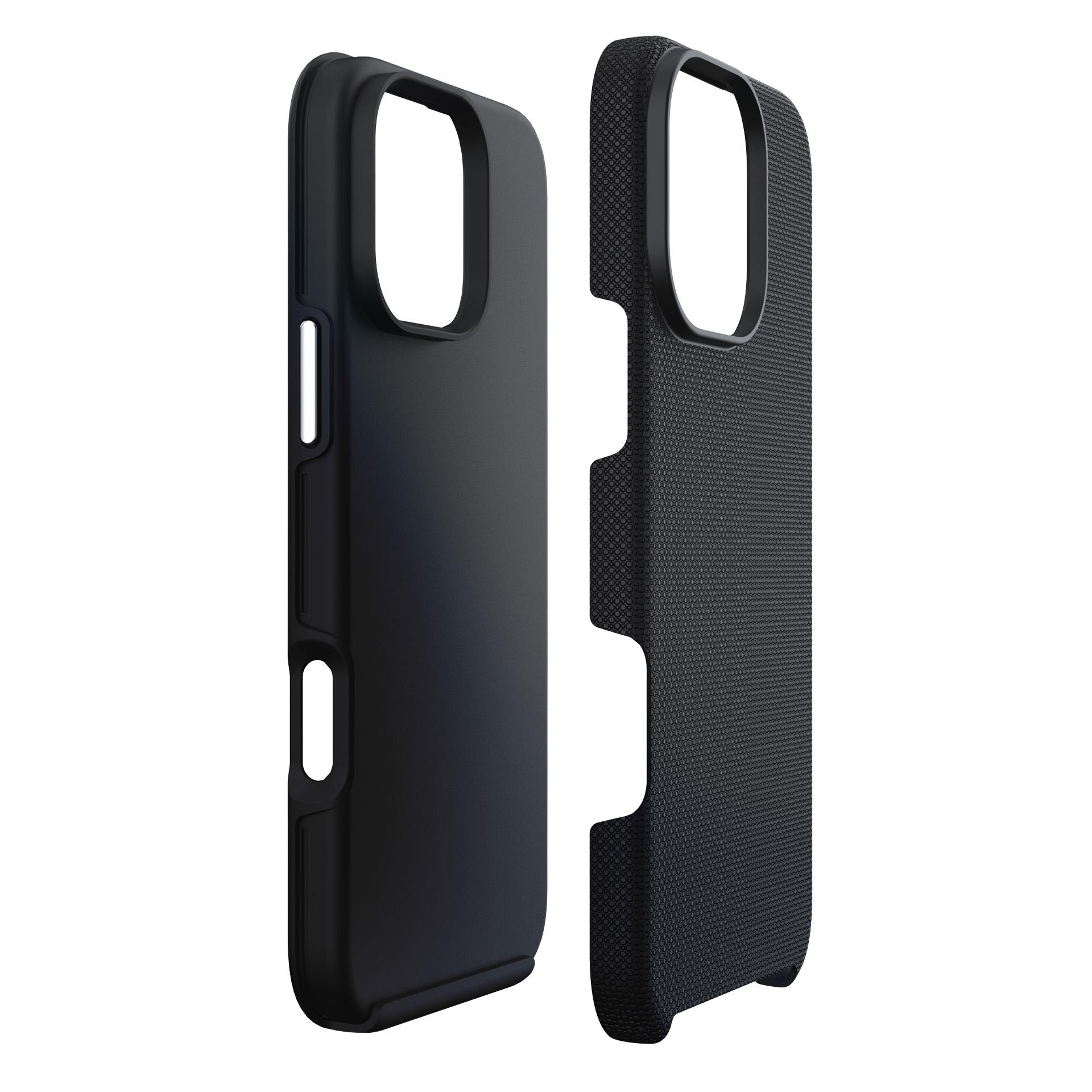 Dwa czarne etui na telefon obok siebie, jedno gładkie, drugie teksturowane.