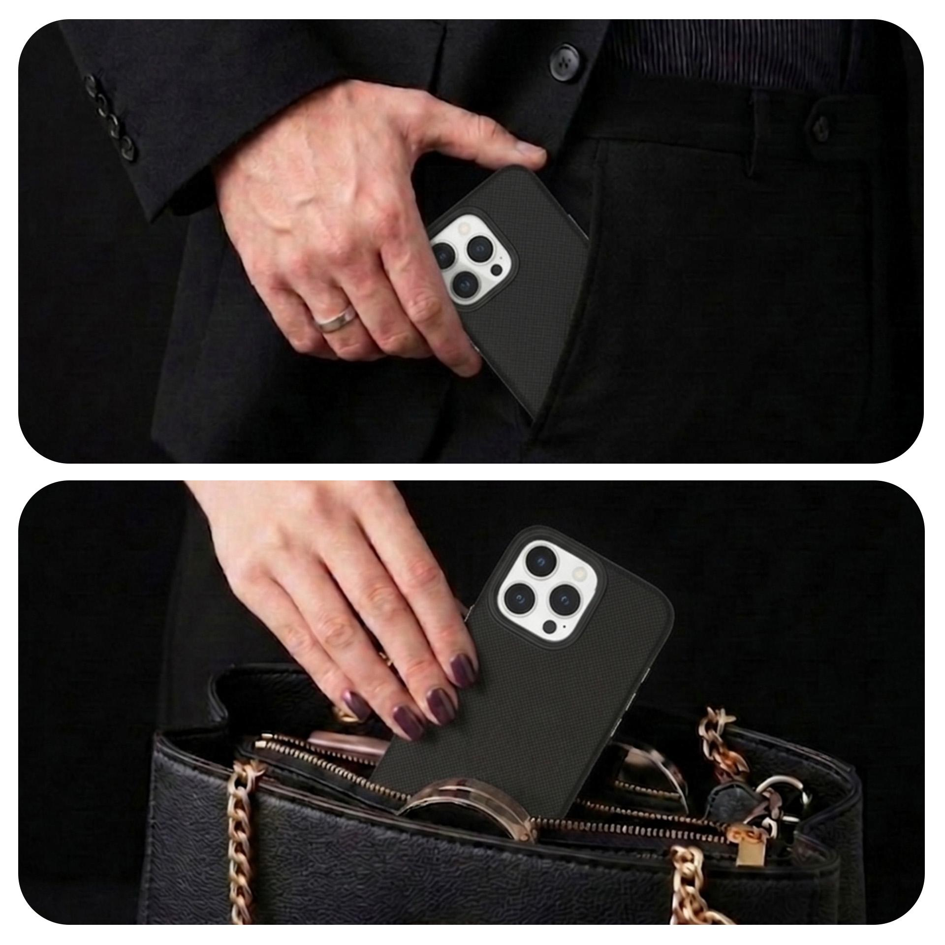 Mężczyzna wkłada telefon do kieszeni garnituru; kobieta do torebki.