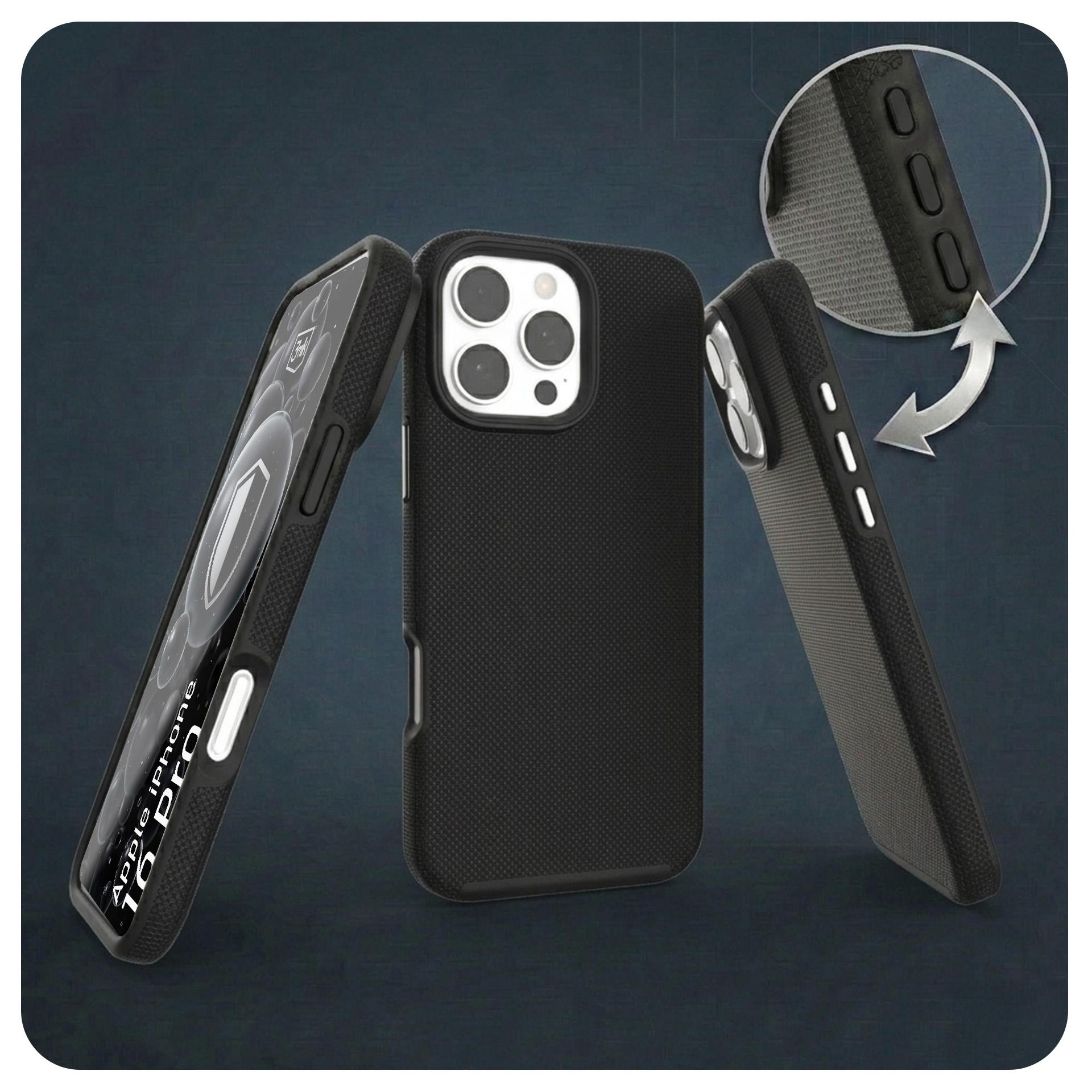 Trzy czarne etui na iPhone 16 Pro na ciemnym tle.