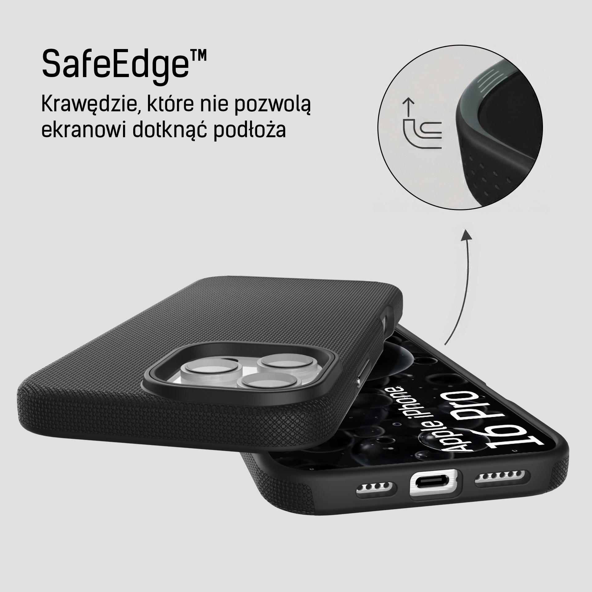 Czarne etui na iPhone z logo "SafeEdge" i ilustracją podwyższonych krawędzi.