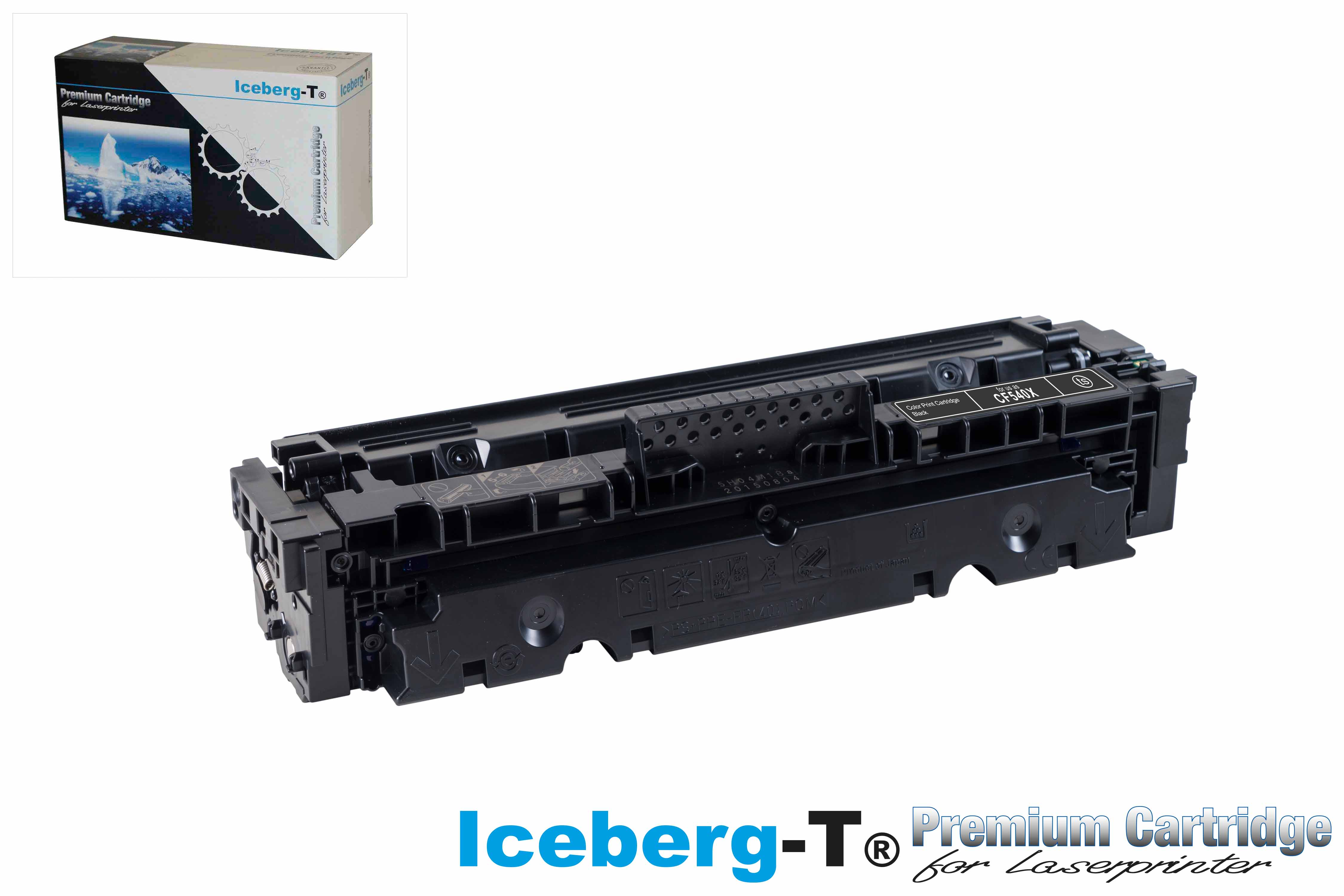 Schwarze Druckerpatrone CF540X von Iceberg-T, daneben die Verpackung.