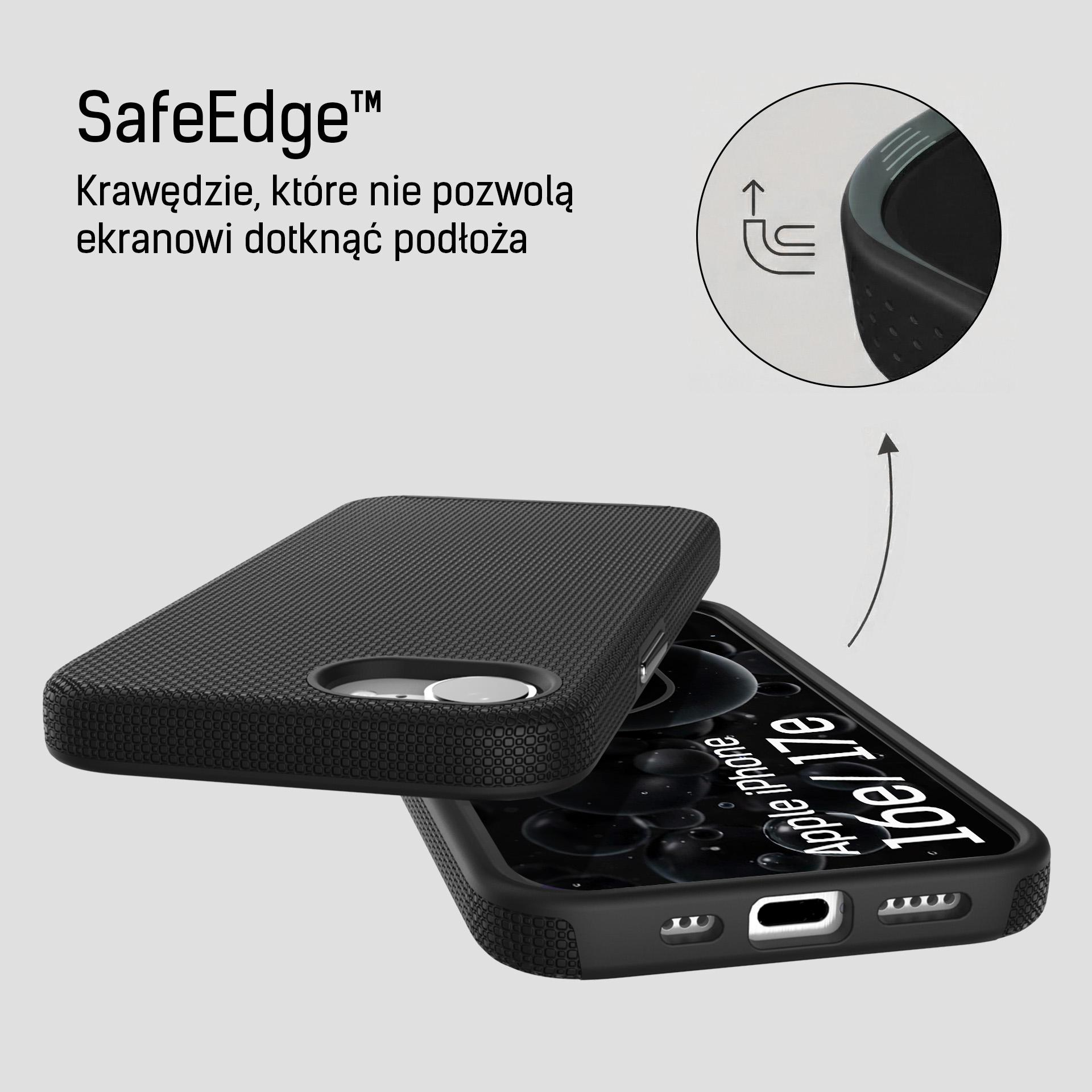 Czarne etui na iPhone z podniesioną krawędzią, pokazujące stylizowaną strzałkę.