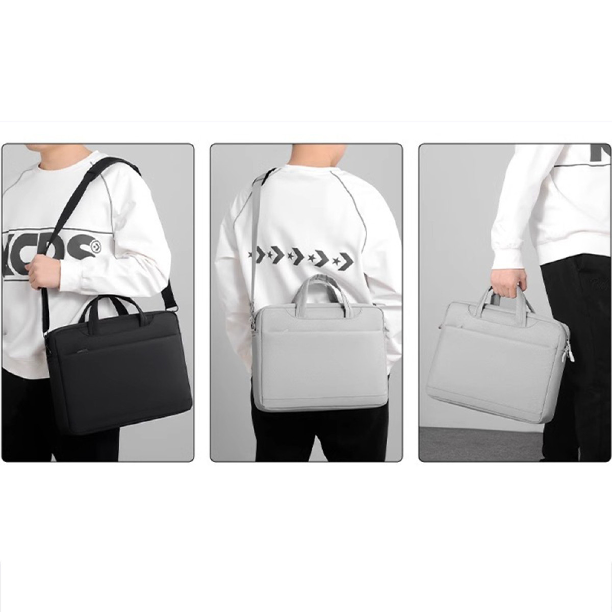 Ein Mann trägt eine schwarze, eine graue und eine hellgraue Laptoptasche.