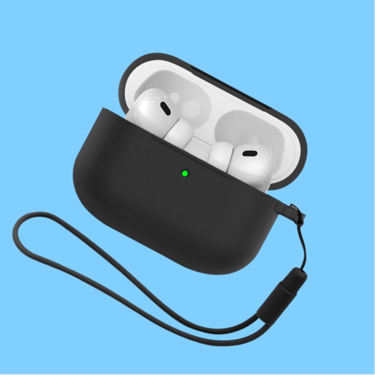 Ein schwarzes Etui mit offenen Deckel, weiße Ohrhörer und ein Ladekabel auf blauem Hintergrund.