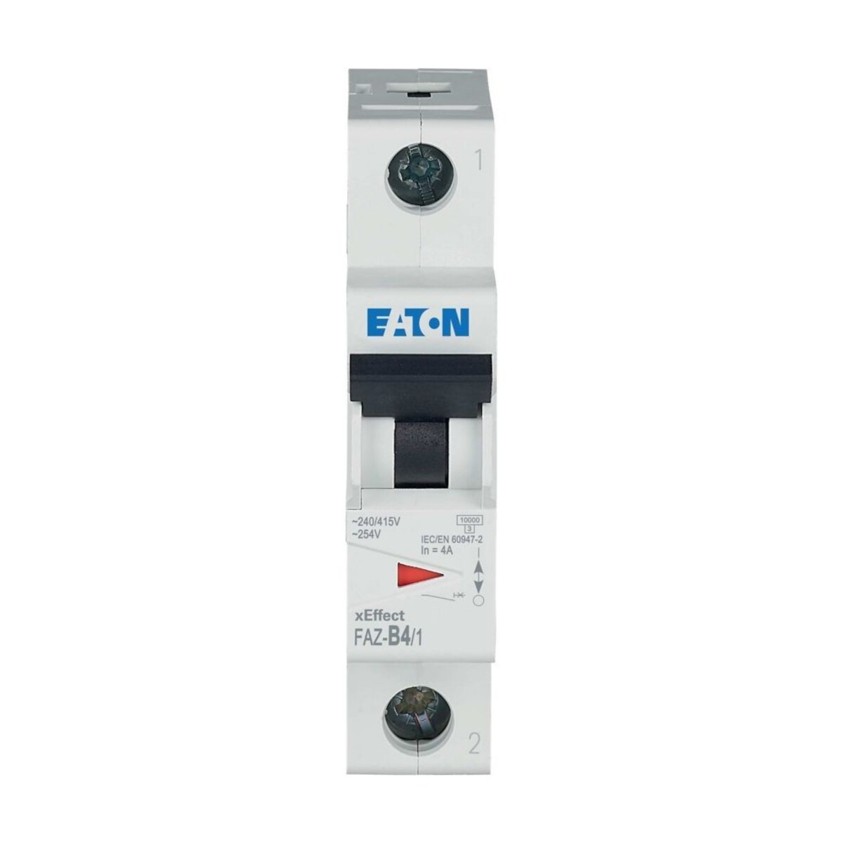 Un interruttore automatico Eaton bianco con leva nera e scritte blu.