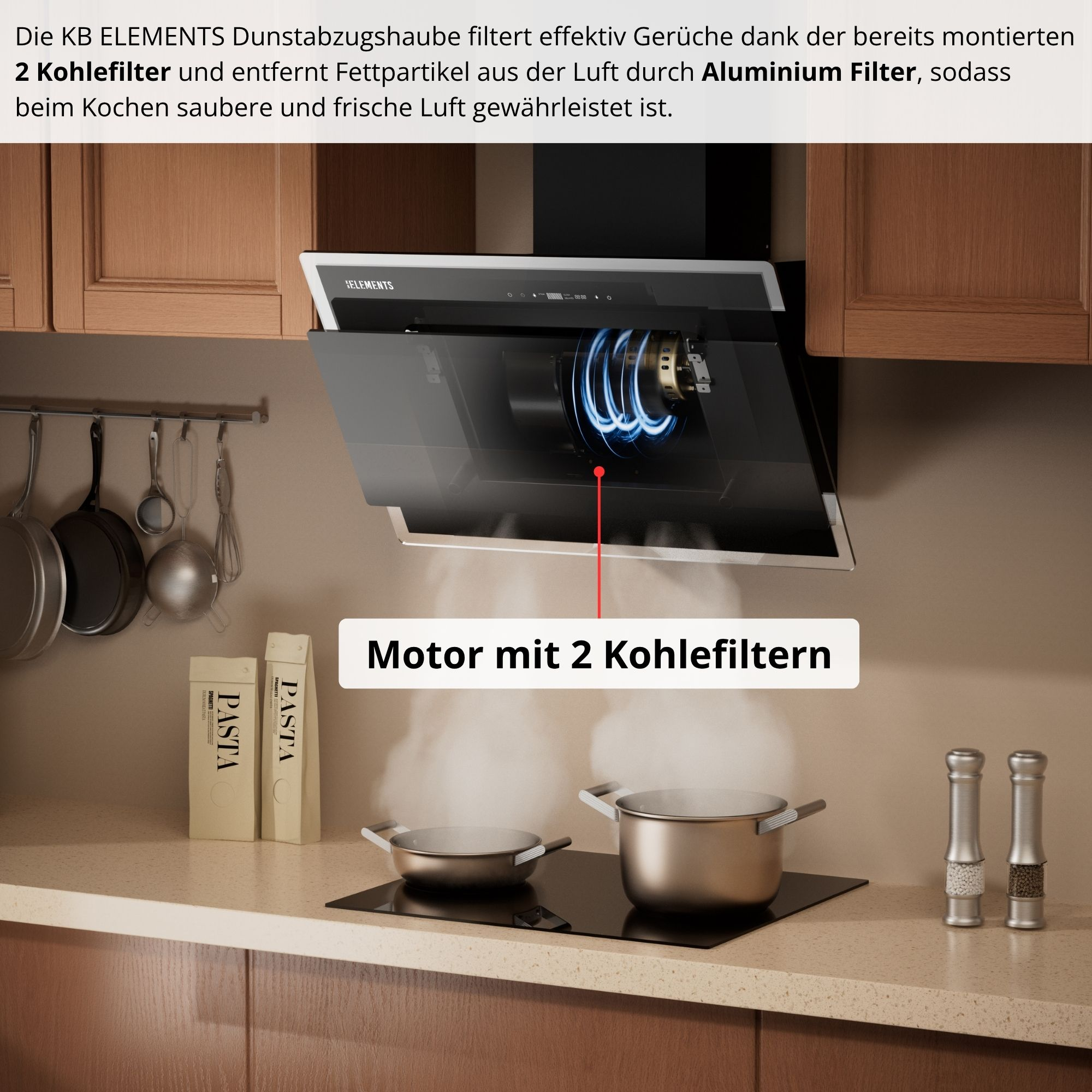 Eine Dunstabzugshaube mit 2 Kohlefiltern über einem Kochfeld mit zwei Töpfen.