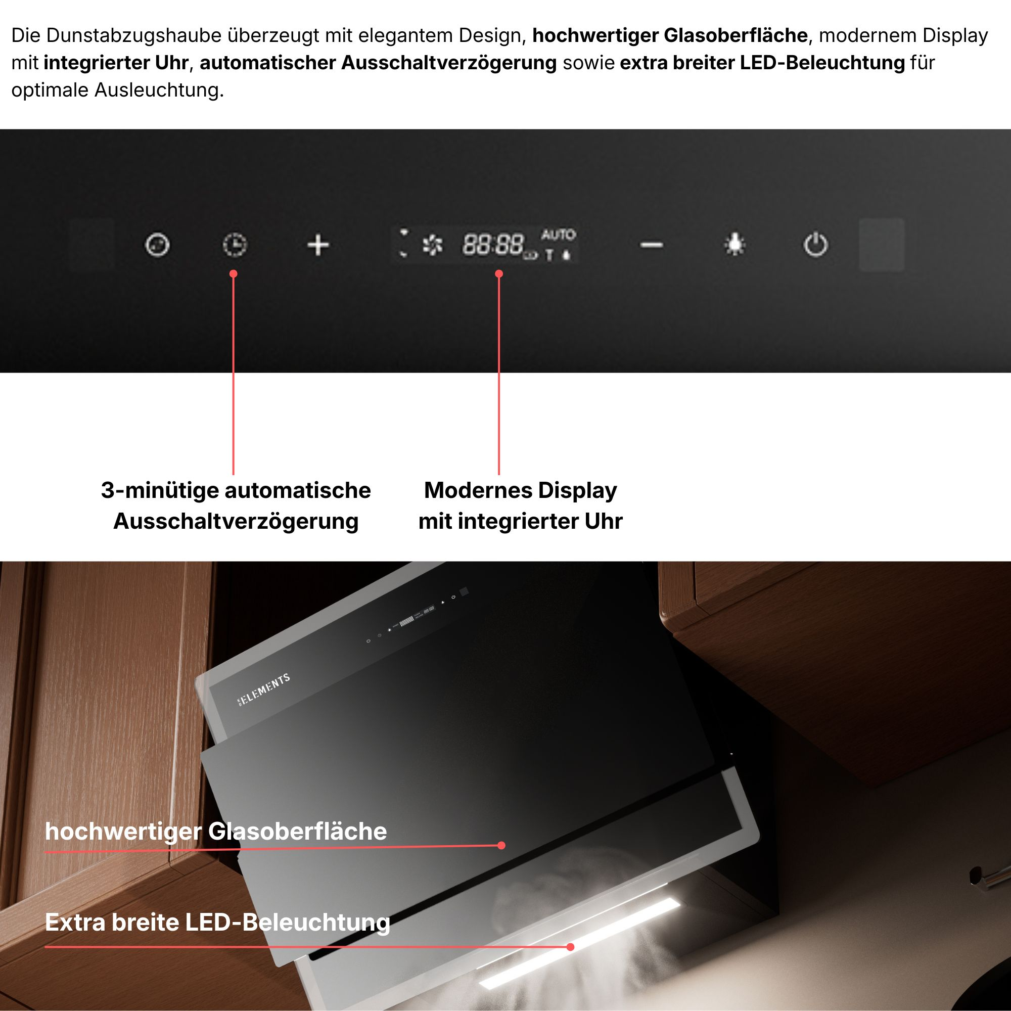 Edler Dunstabzug mit Glas, Display, Uhr, Timer & LED-Licht.