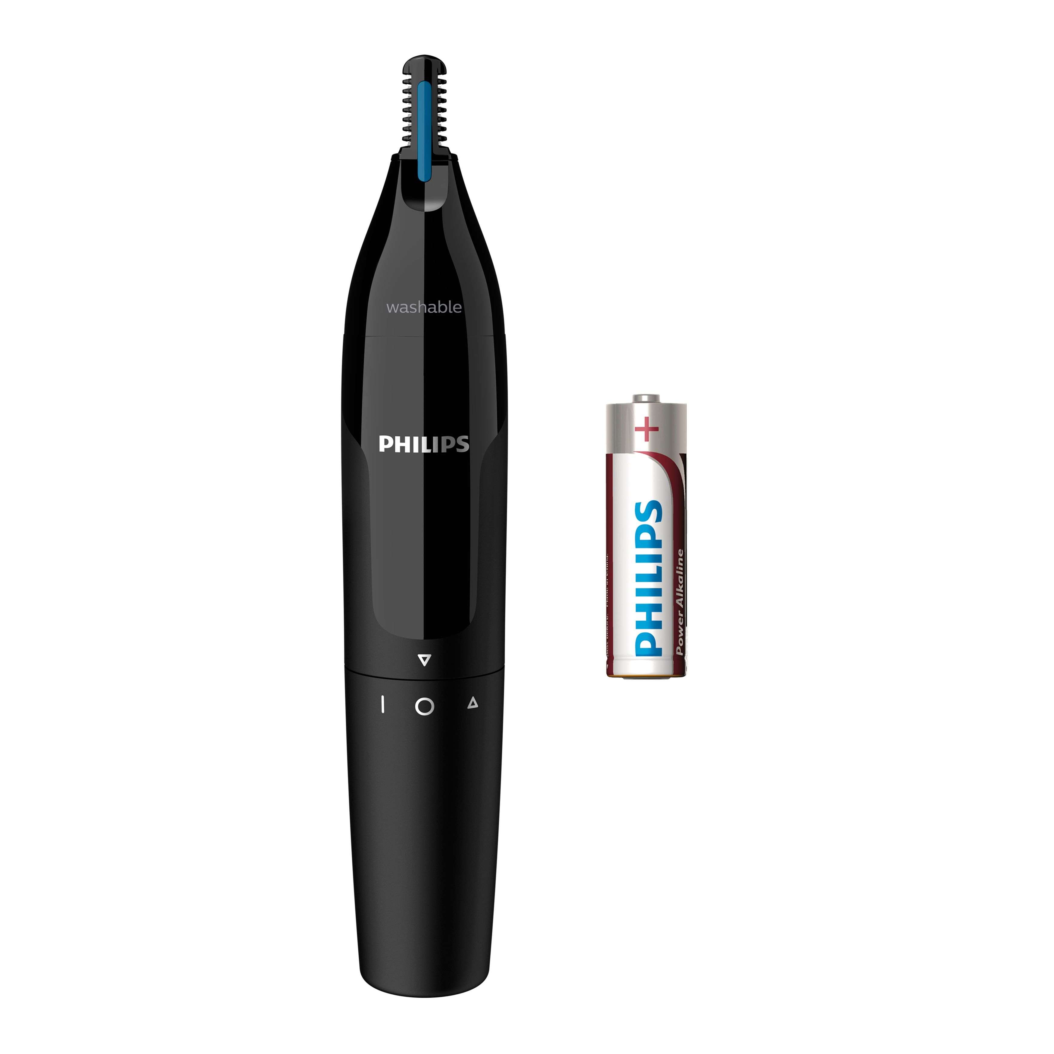 Yanında AA pil bulunan siyah Philips burun tüyü düzeltici.