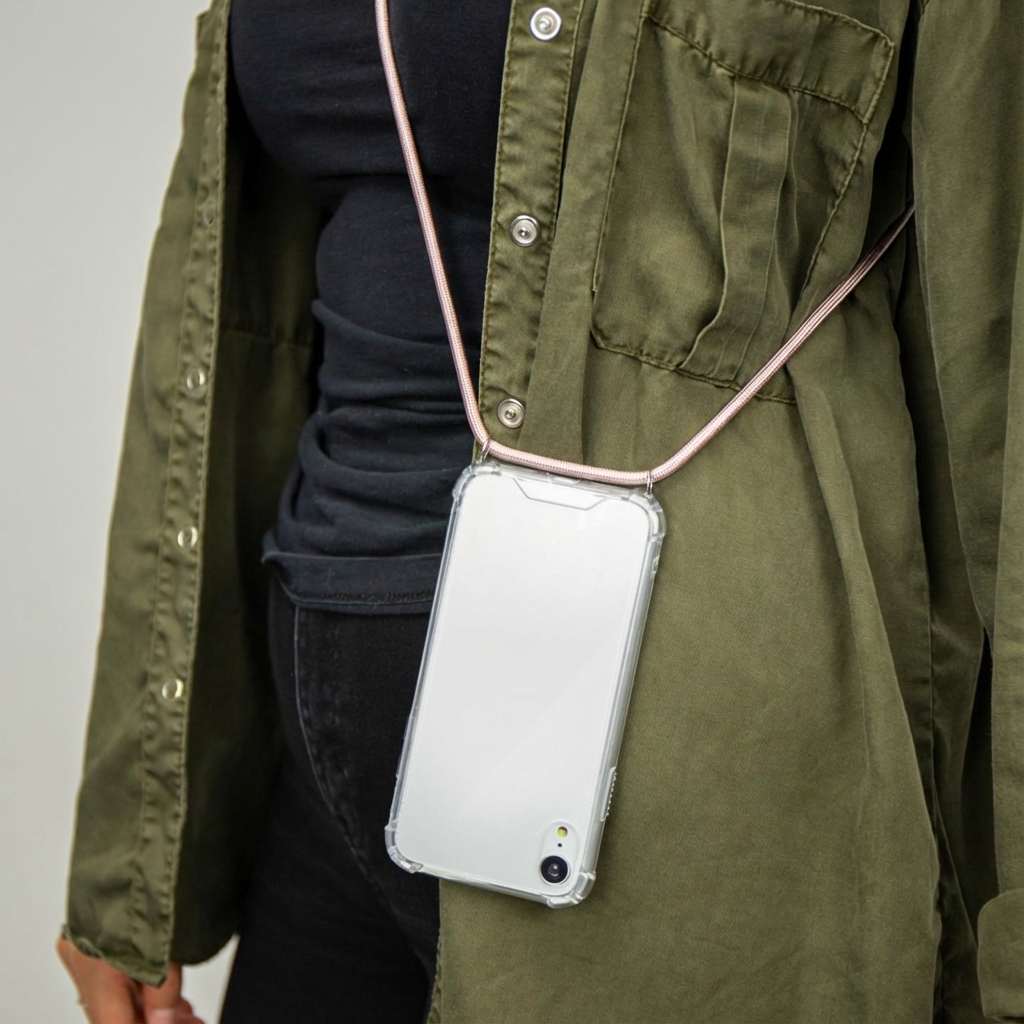 Une personne porte un téléphone à coque transparente avec un cordon rose autour du cou.