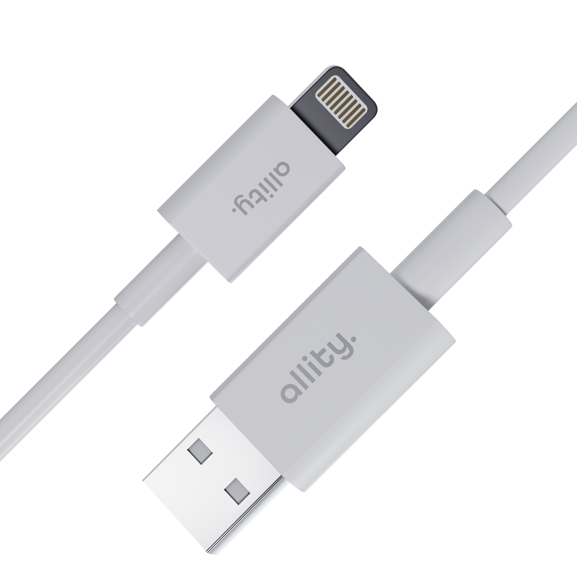 Un cavo di ricarica bianco con connettori USB-A e Lightning.