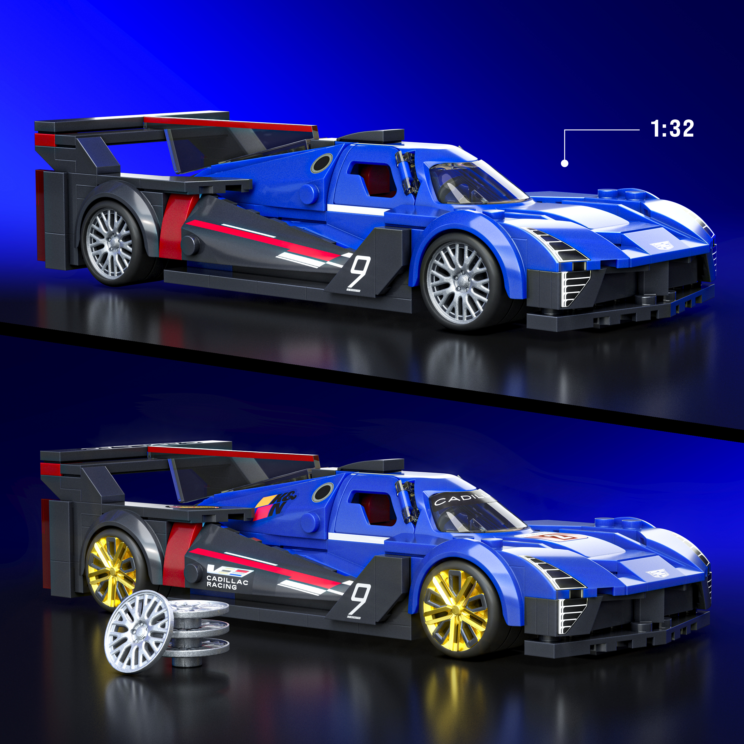 Un'auto da corsa blu con cerchi argentati e accenti rossi su sfondo blu.