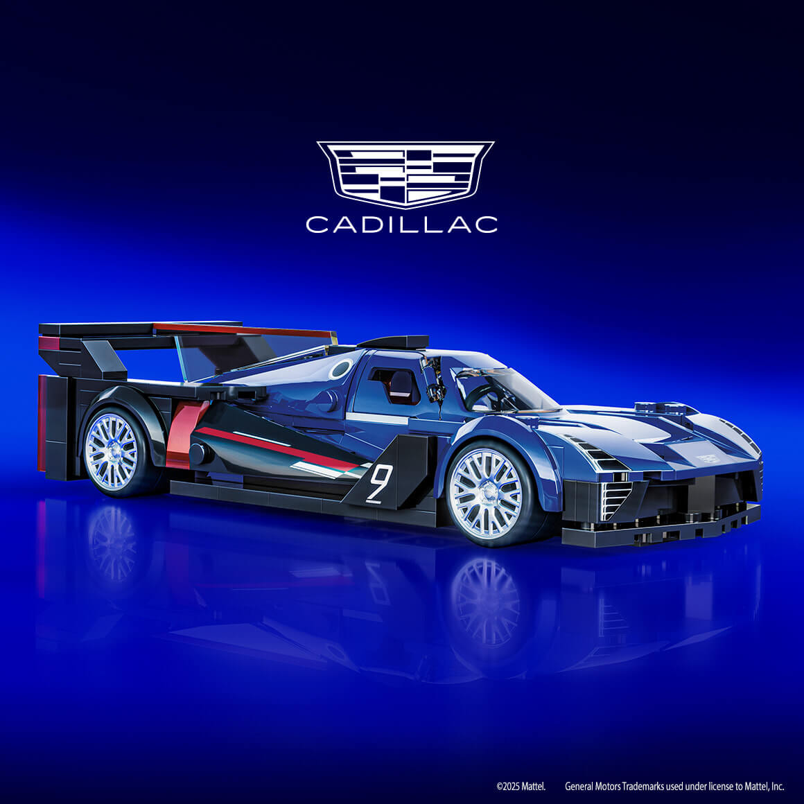 Una macchina da corsa Cadillac blu con il numero 9 e il logo Cadillac.