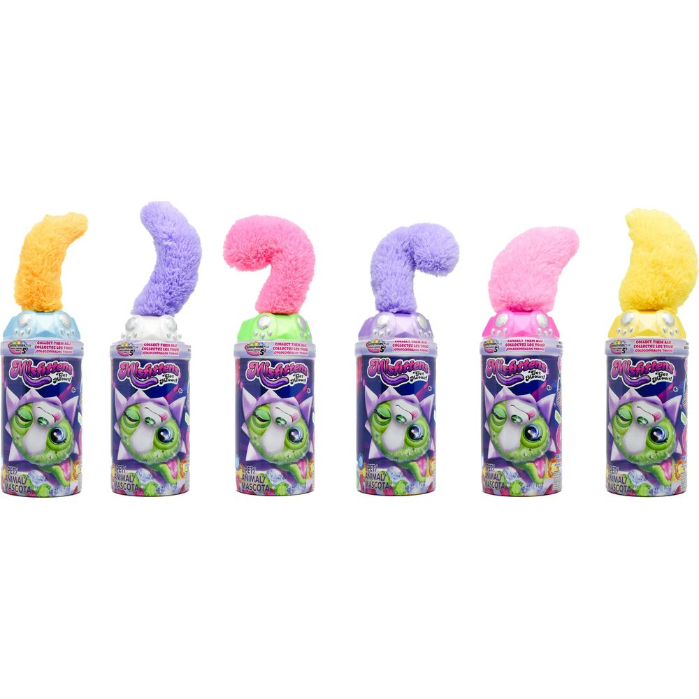 Sei contenitori giocattolo con cime soffici nei colori giallo, viola, rosa e viola.