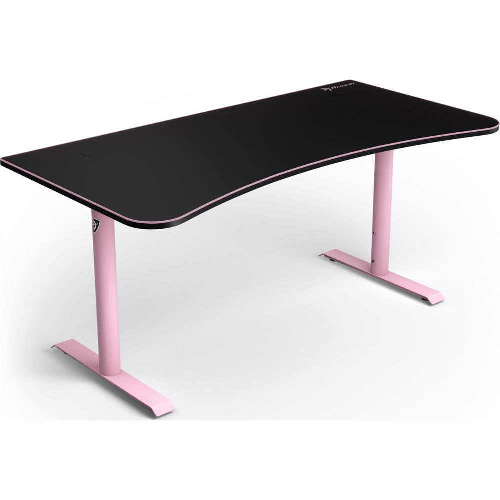 Ein schwarzer Gaming-Schreibtisch mit rosa Beinen und rosa Rand.