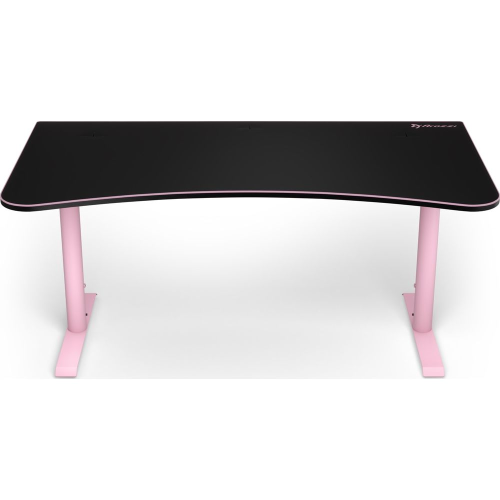 Ein schwarzer Schreibtisch mit rosa Beinen und einer rosa Kante, weißer Hintergrund.