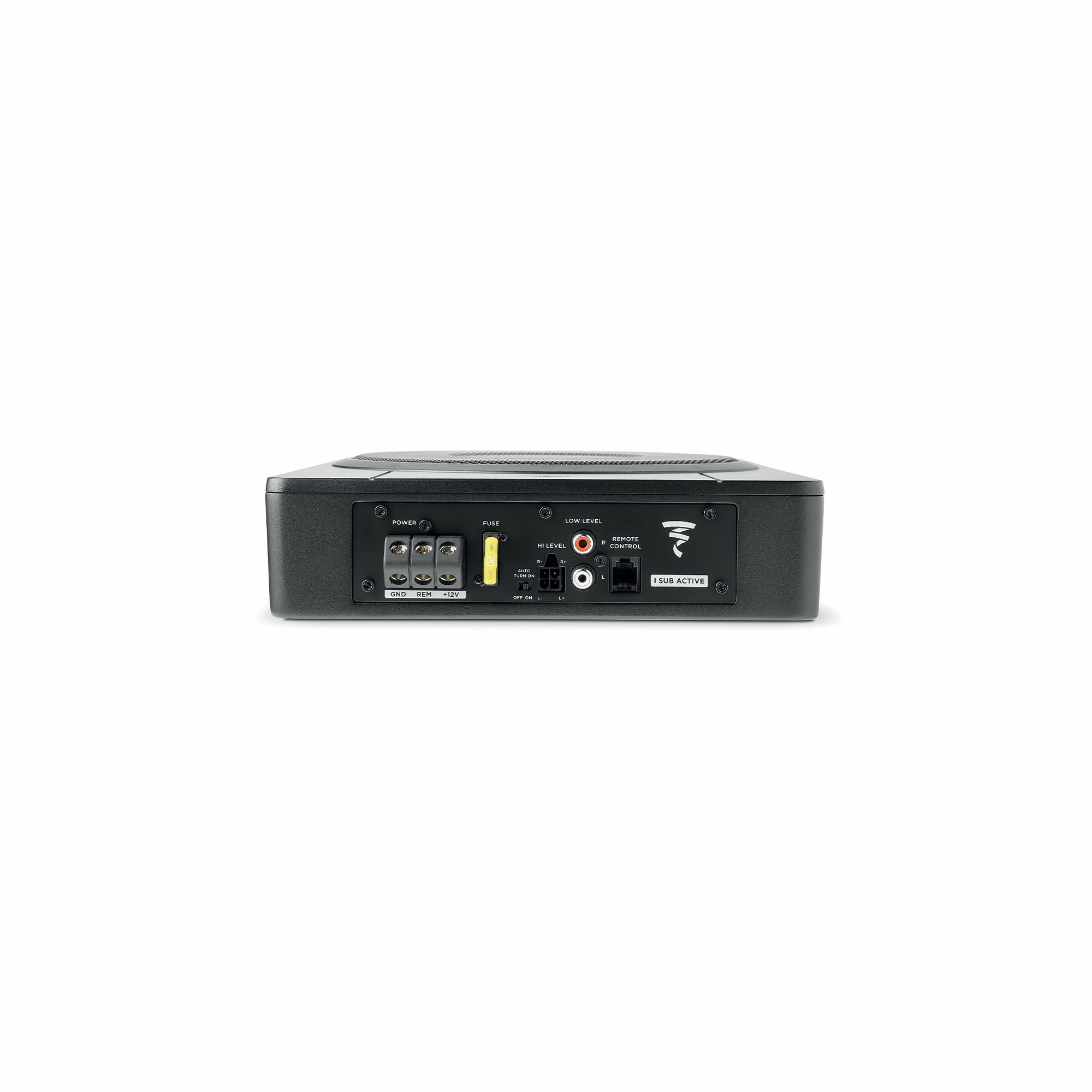 Schwarzer Subwoofer mit Anschlüssen für Strom, Sicherung, Hoch-/Niedrigpegel und Fernbedienung.