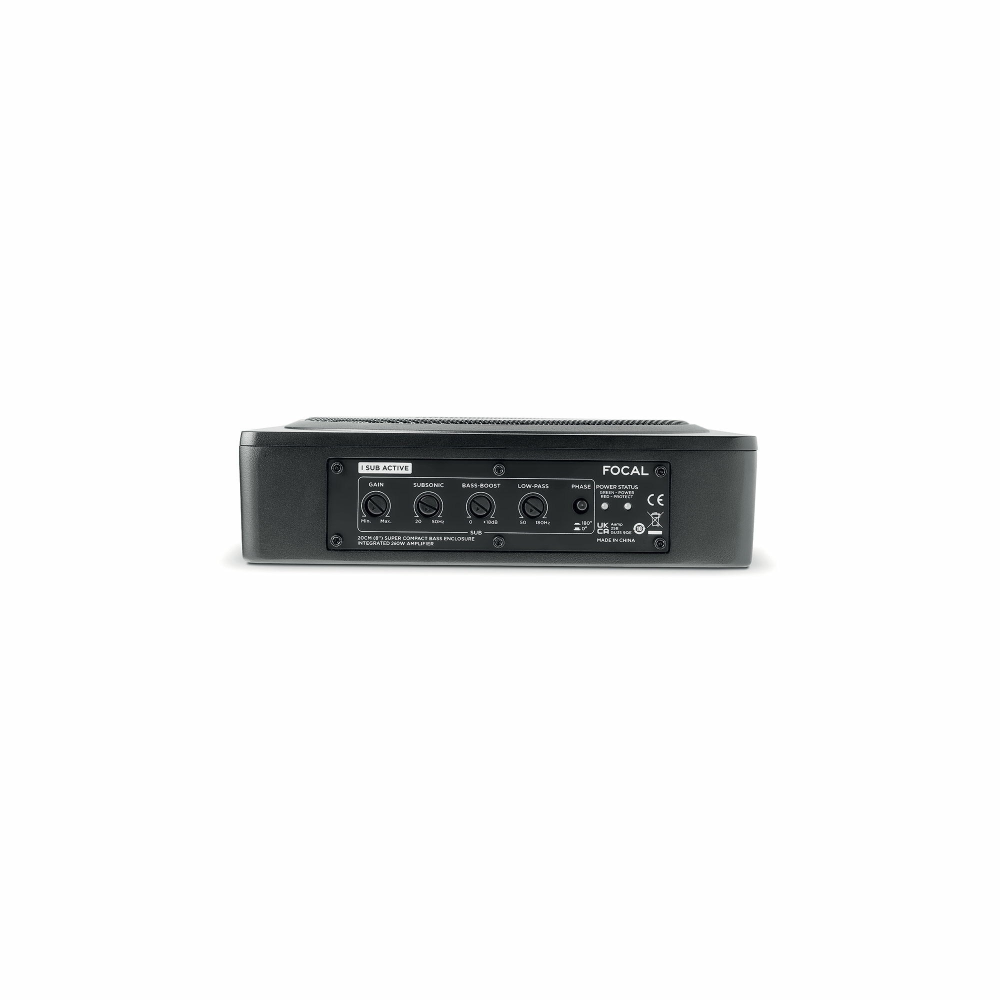 Schwarzer Subwoofer mit Reglern für Gain, Subsonic, Bass-Boost und Low-Pass.