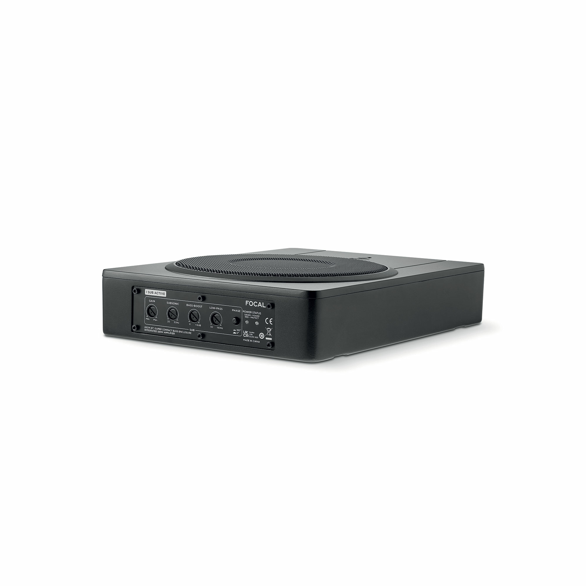 Schwarzer Subwoofer mit silbernen Bedienelementen und Logo. Rückseite mit Anschlüssen.
